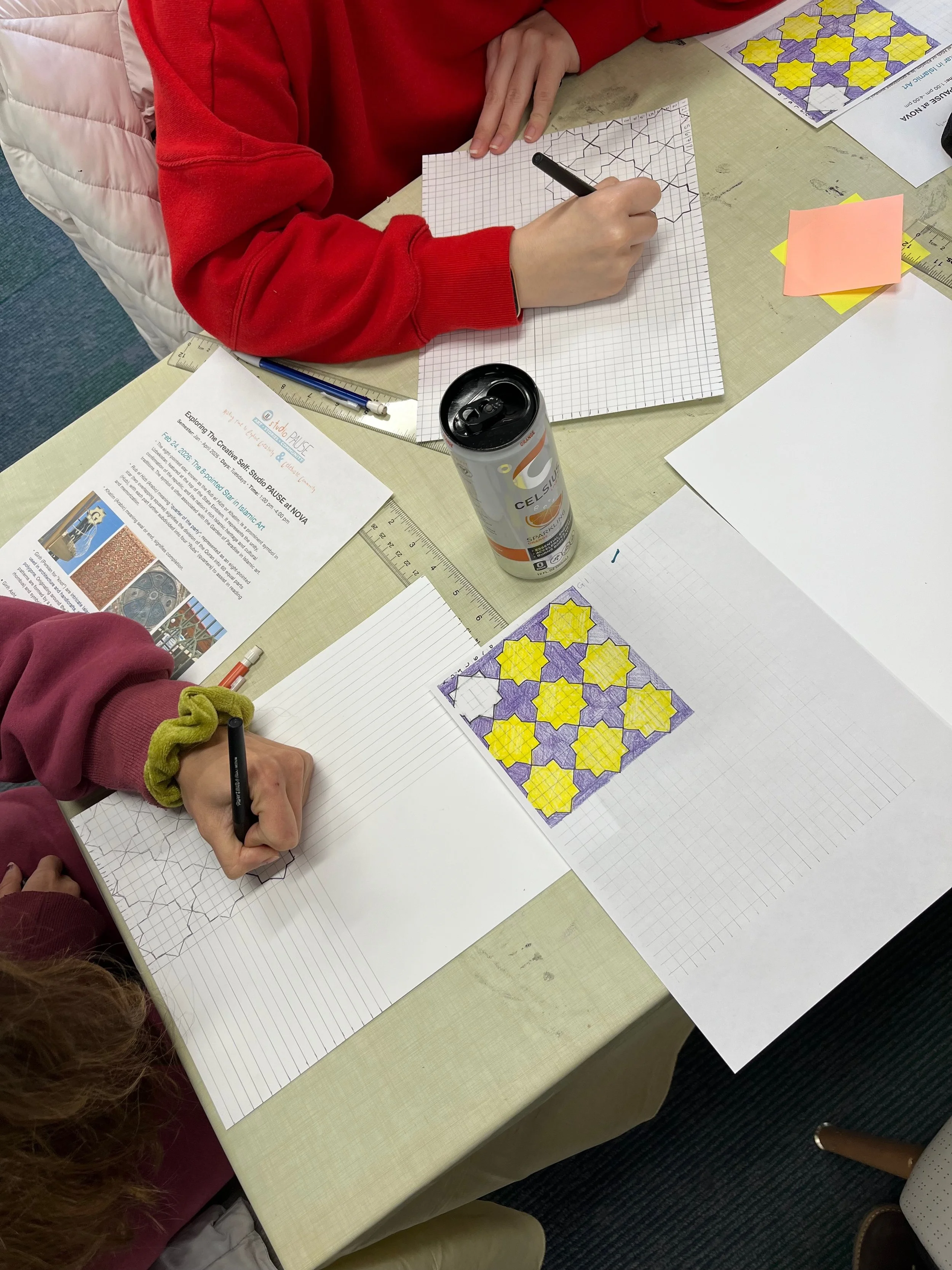 Session 4: During Ramadan we looked at the 8-Pointed Star design motif, a favorite of mine, from Islamic art. We saw how I found it is used in Uzbekistan, and we calmed down as we used a ruler to create our own graph paper. Then plotting the design o