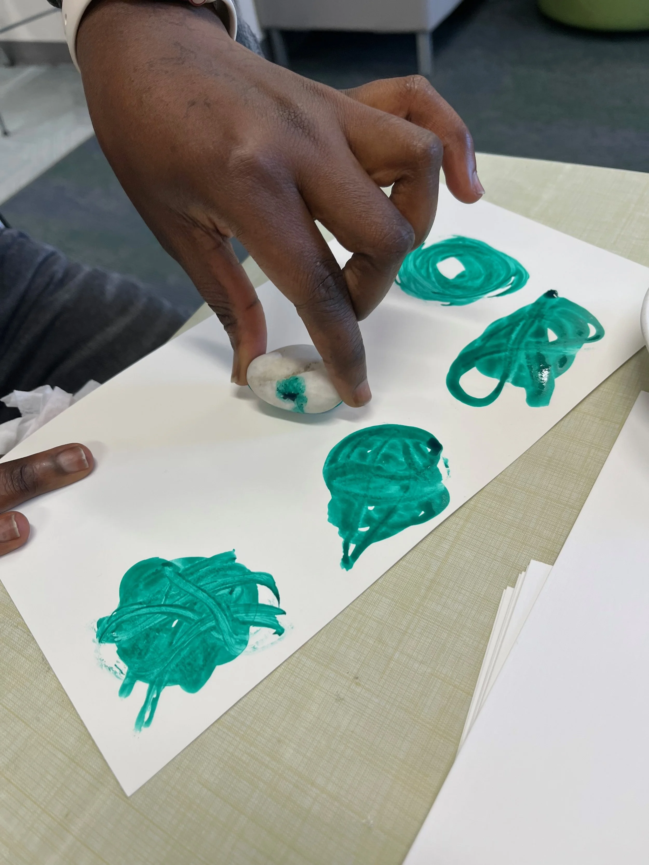 Session 7: “Puddles and Swirls” - After spring break students explored waterproof inks to make puddles and swirls using items found in nature, like twigs and pebbles (were there any under the melting snowcrete?)