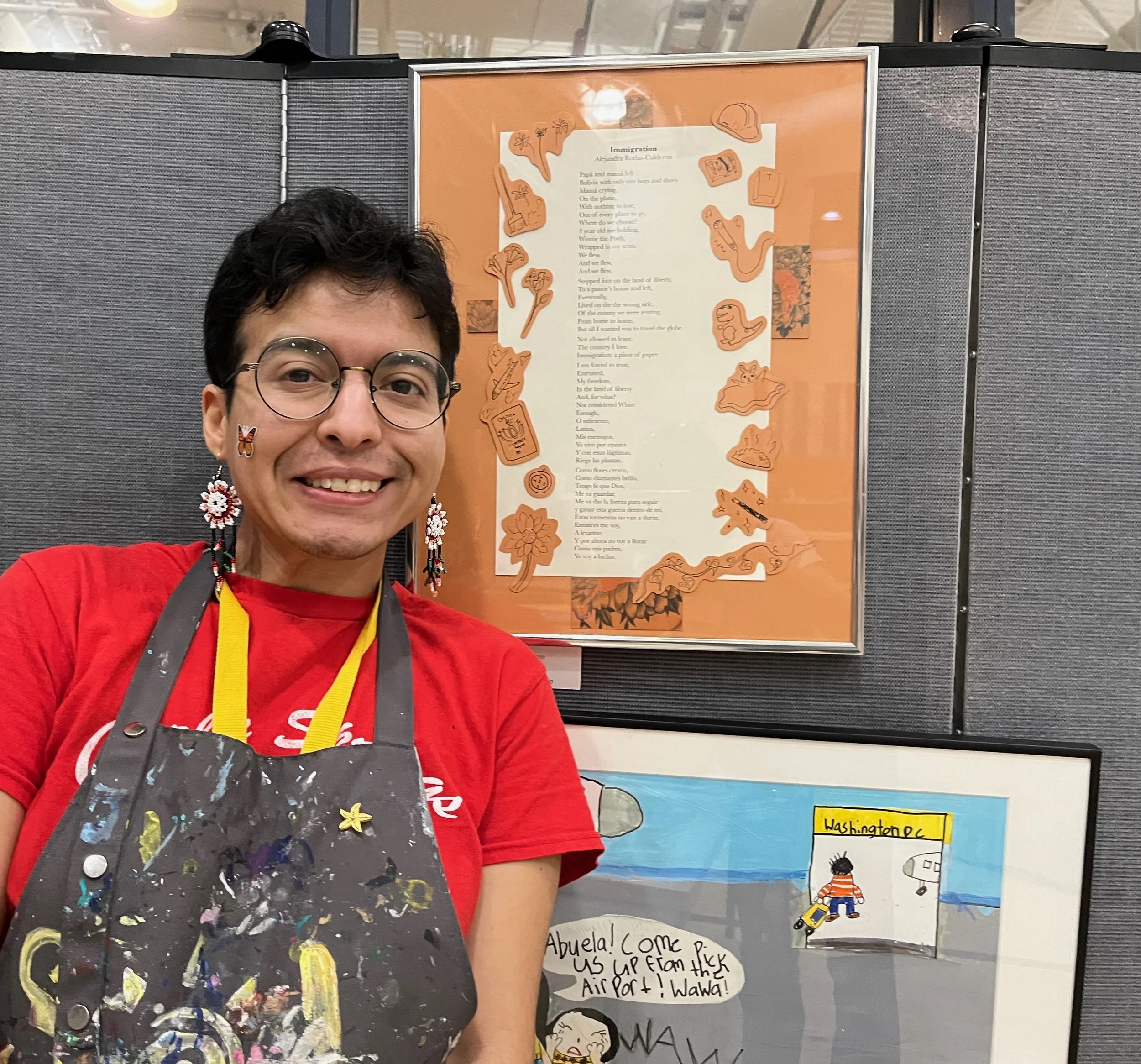 Girasol's sister's poem in the exhibit decorated with his sketches