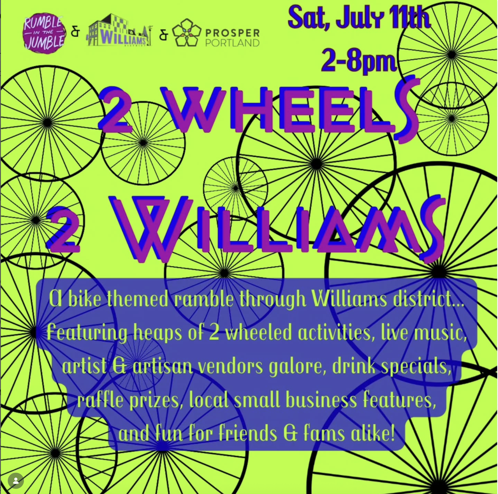 advertising a bicycle themed event happening on Williams Avenue, Portland Oregon from 2 pm - 8 pm on Saturday, July 11, 2026