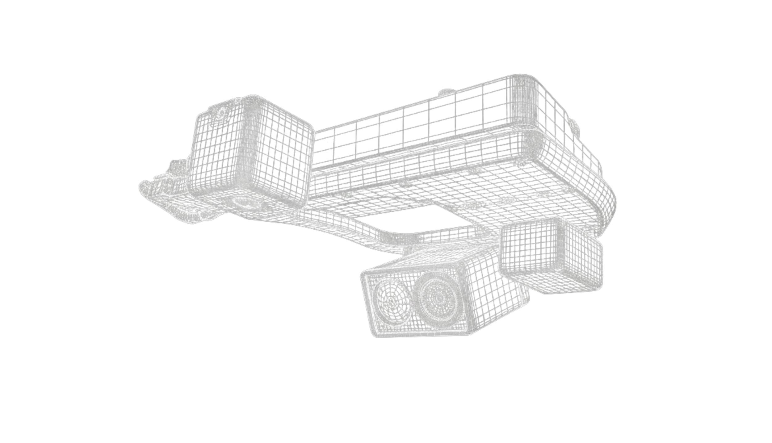 Modèle 3D d'un casque de réalité virtuelle en wireframe sur fond noir.