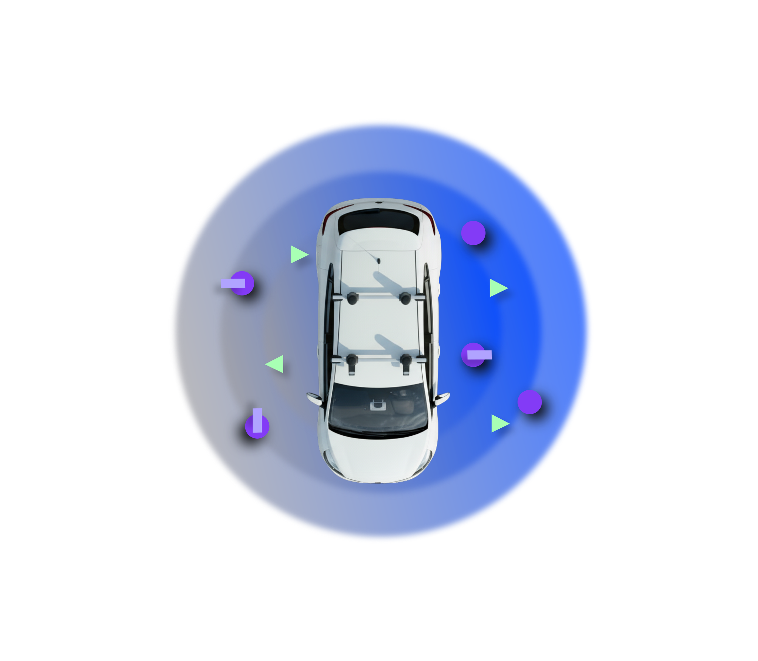 Vue aérienne d'une voiture blanche entourée d'icônes de capteurs ou de radars dans un contexte technologique.