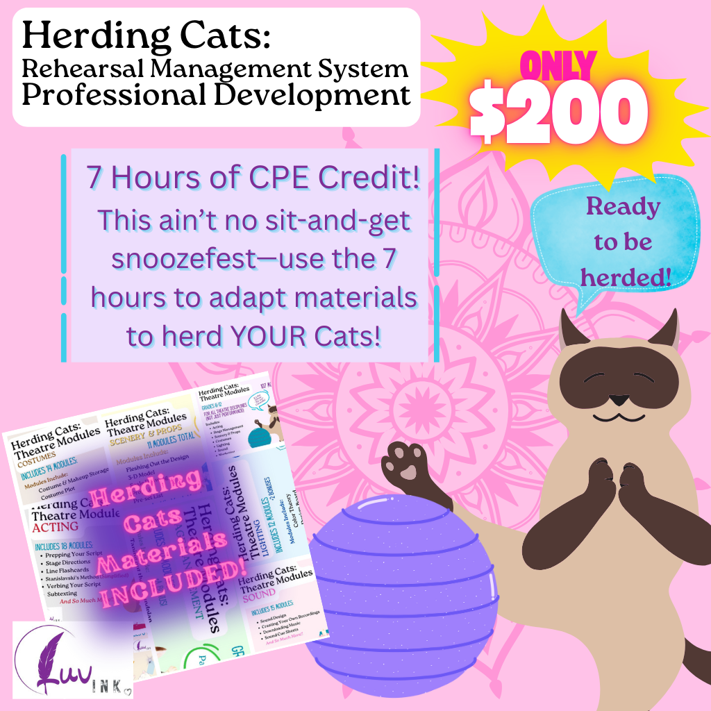 Promotional flyer for a herd of cats rehearsal management system for professional development, priced at $200. Highlights 7 hours of Continuing Professional Education (CPE) credit, with materials designed to help cats adapt. Features an illustration