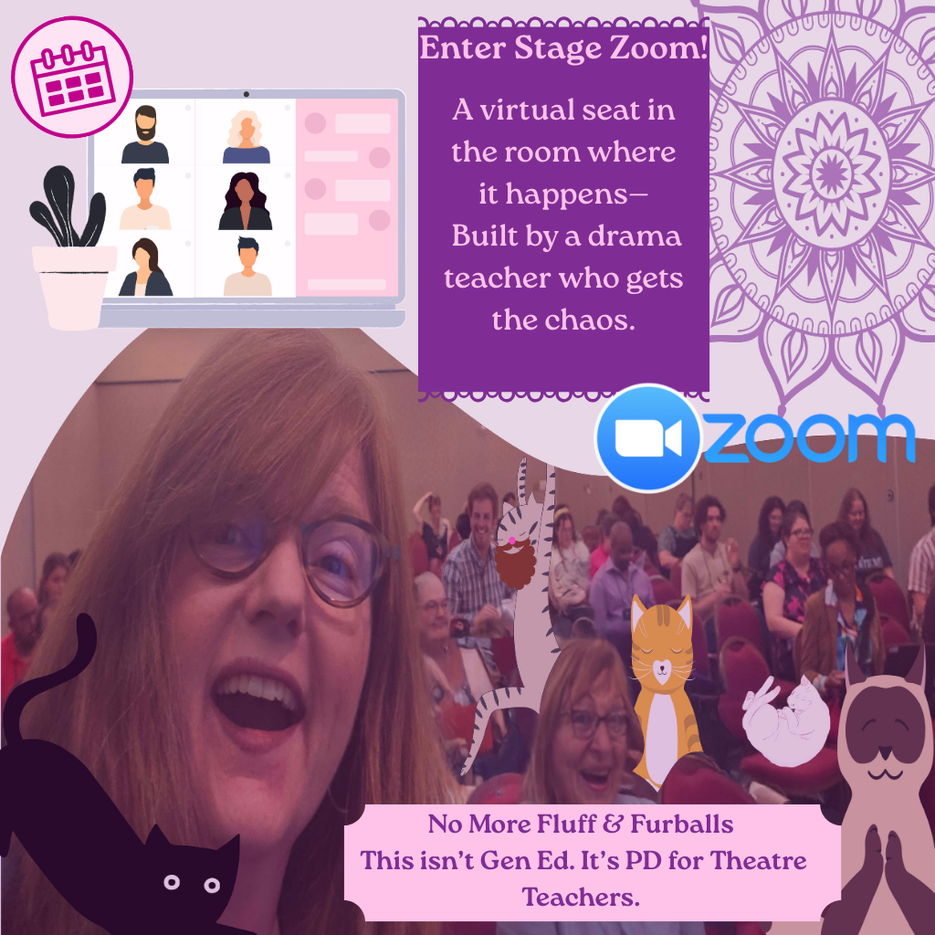 Photo of a woman taking a selfie at a theater event with many seated audience members in the background. Overlaid graphics include a virtual Zoom meeting on a laptop screen, a purple mandala design, animated cats, a braid with flowers, and text boxes