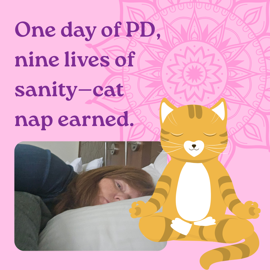 A pink background with a mandala design, a cartoon sleeping cat, and a photograph of a woman resting her head on a pillow in a hotel room.