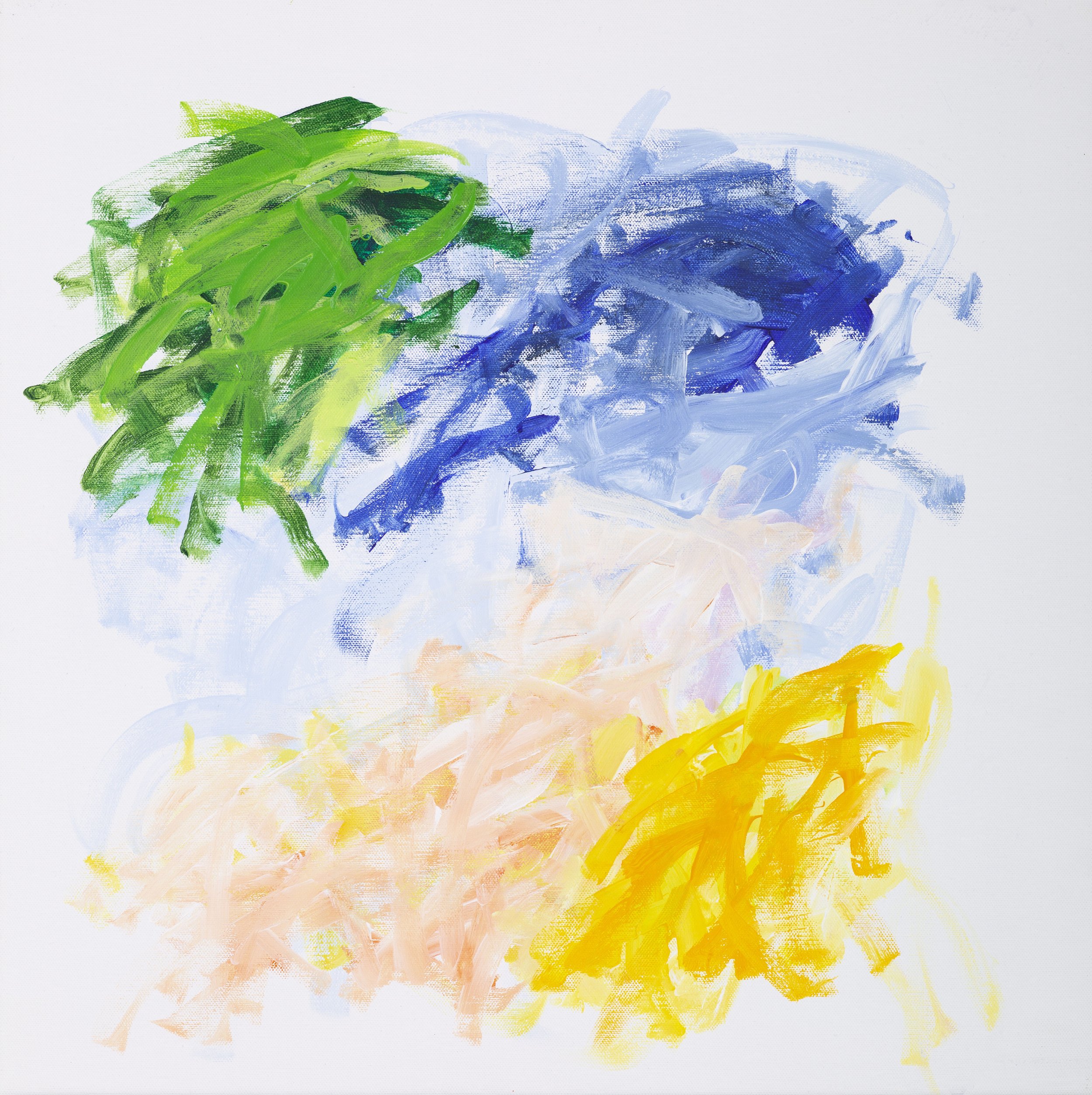 Abstract painting with green, blue, yellow, and beige brushstrokes on a white background.