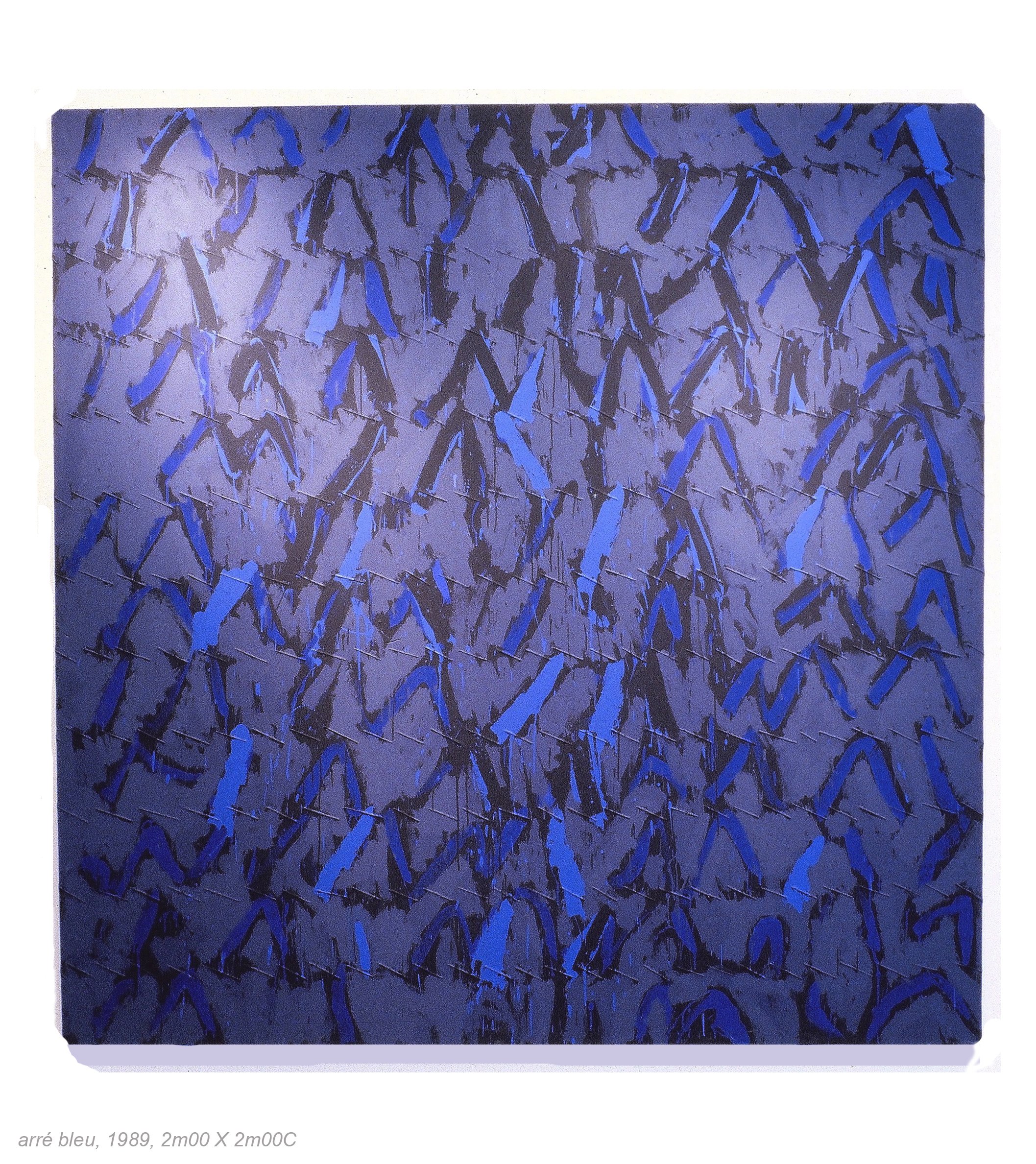Abstract blue and black painted pattern on canvas, featuring geometric shapes and strokes, titled "arré bleu," created in 1989.
