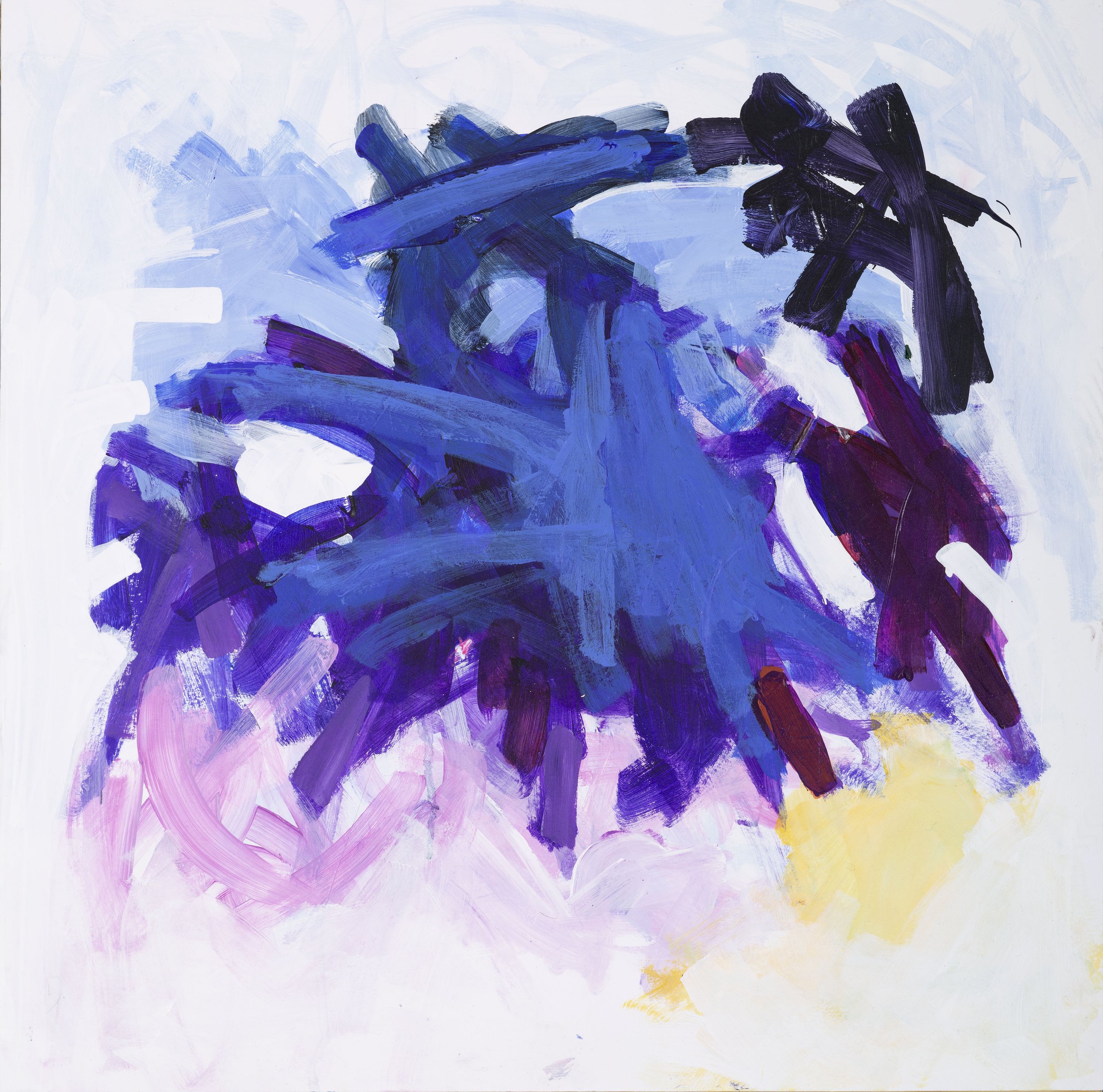 Abstract painting with bold, blue and purple brushstrokes on a light background.
