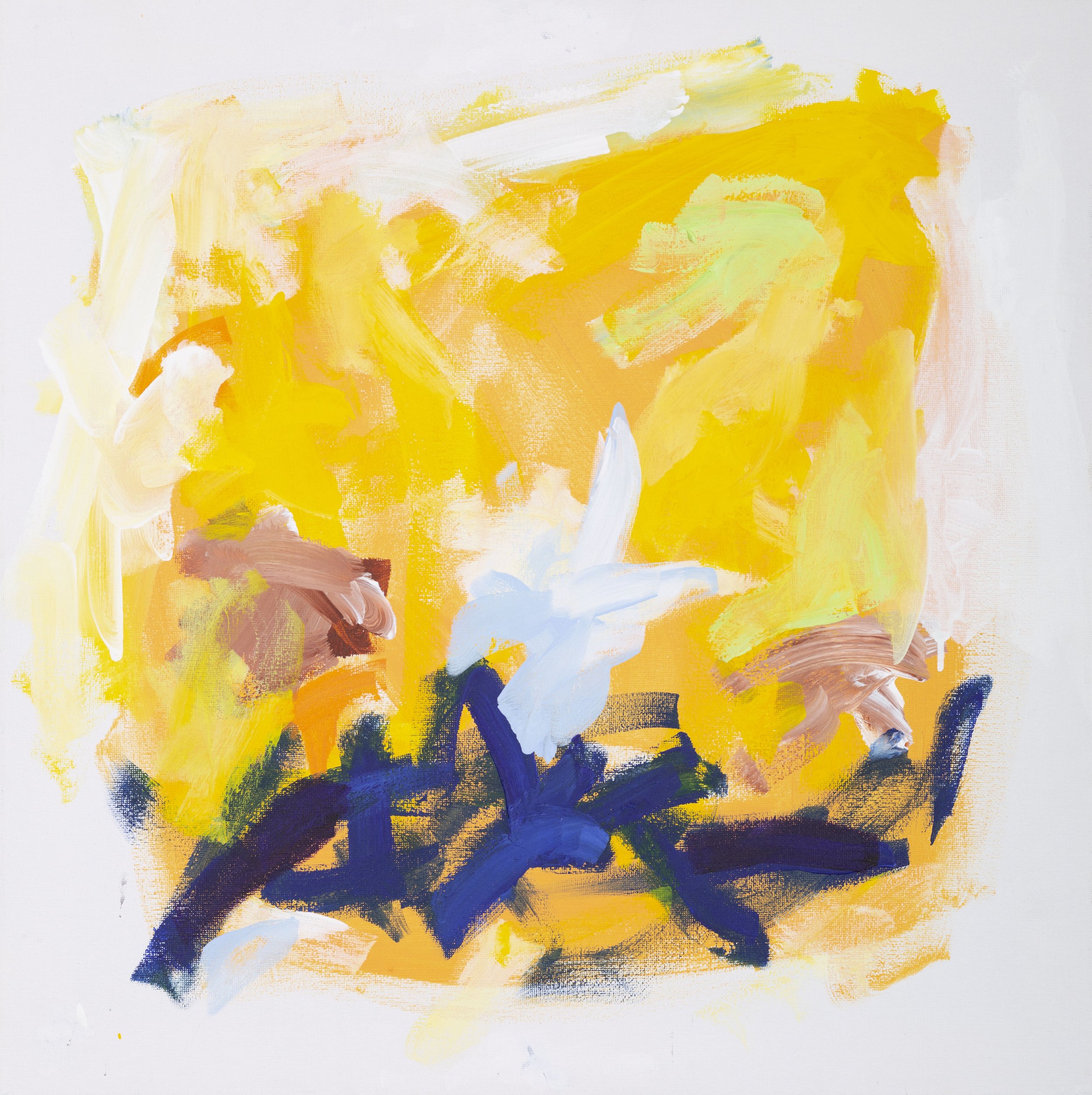 Abstract painting with bold yellow, blue, and white brushstrokes on canvas.