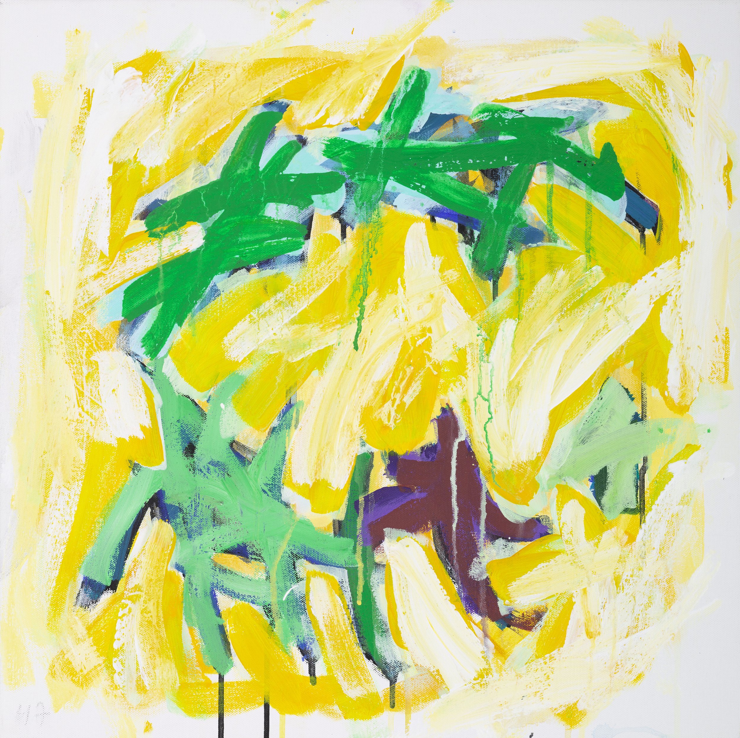 Abstract painting with vibrant yellow, green, and white brushstrokes.