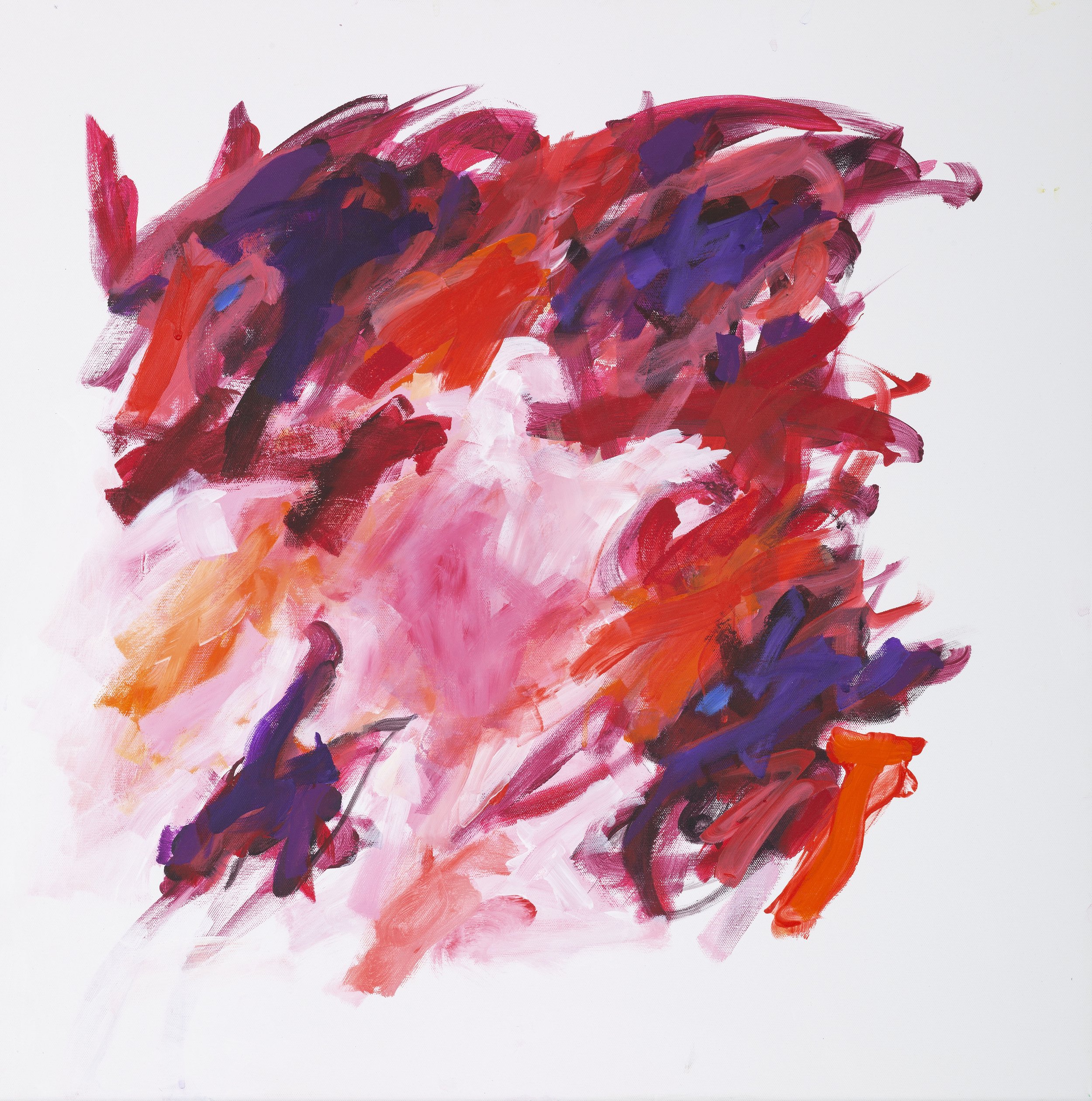 Abstract painting with bold, colorful brushstrokes in red, pink, purple, and orange on a white background.