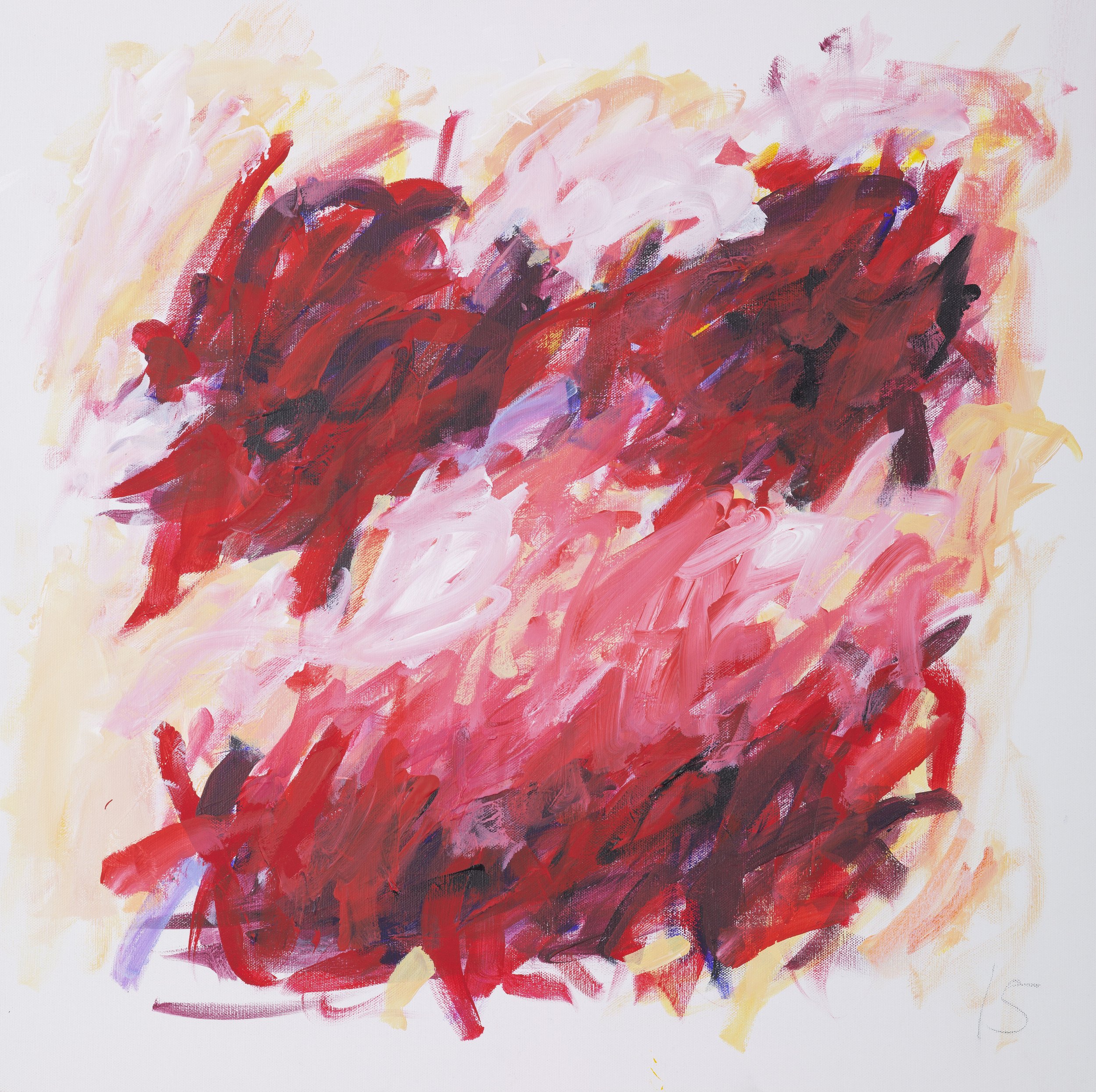 Abstract painting with bold red, pink, and purple brushstrokes on a light background. Expressive and dynamic composition.