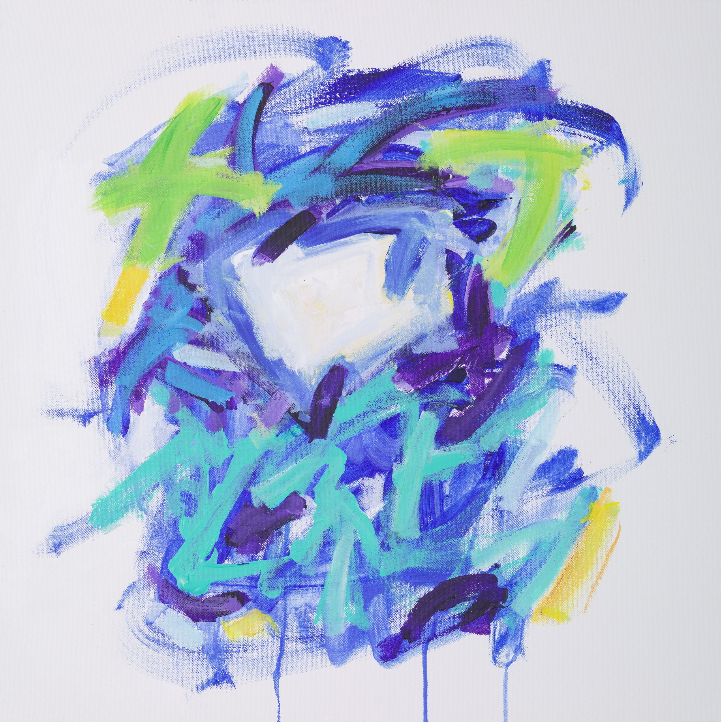 Abstract painting with blue, purple, and yellow brushstrokes, featuring bold green accents on a light background.