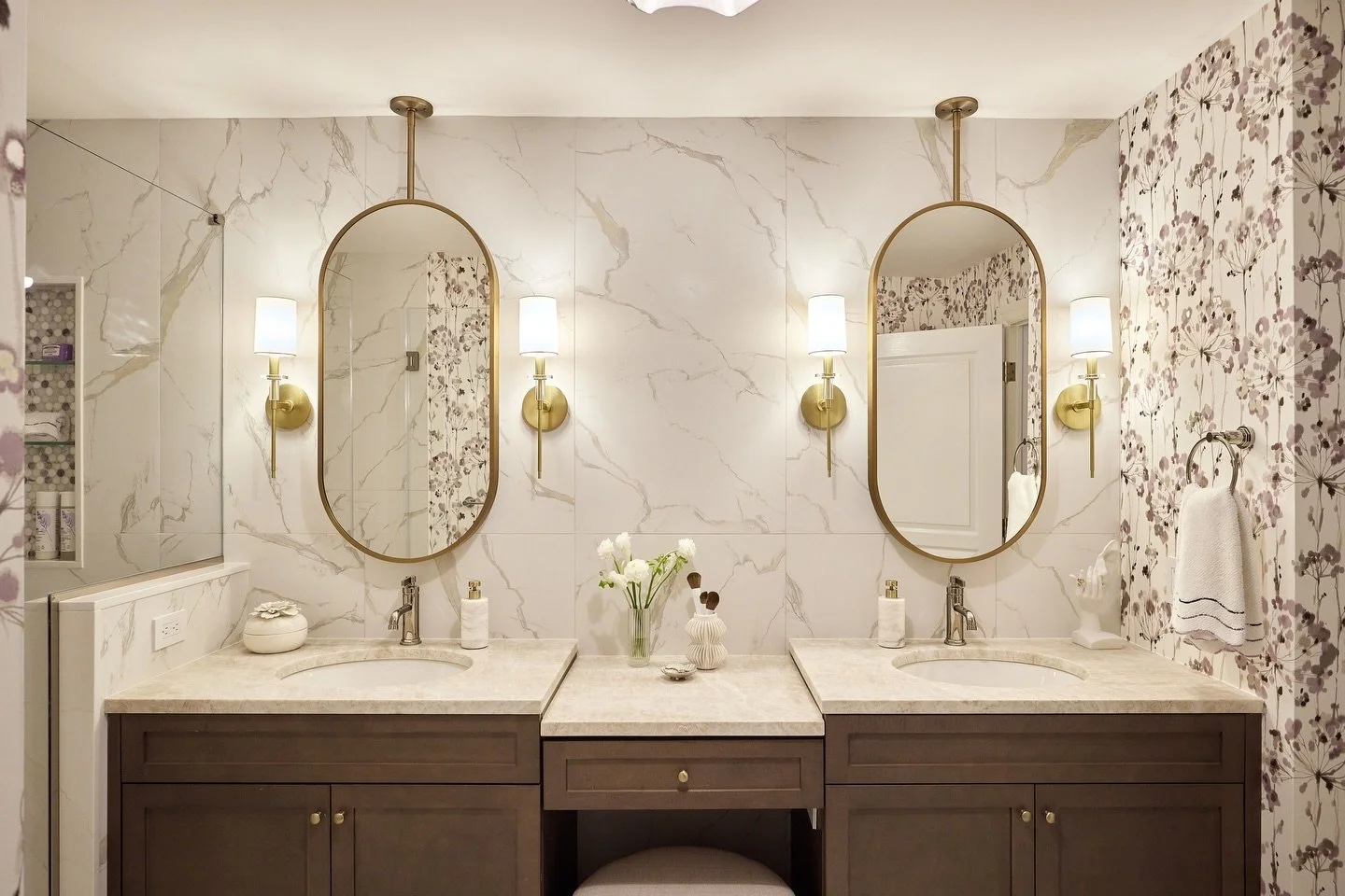 We designed this bathroom for the sweetest little girls who love purple. The catch&hellip;it needed to grow with them. Touches of purple in the wall covering and with the lilac marble penny tile shower floor + niche (more pictures coming soon to show