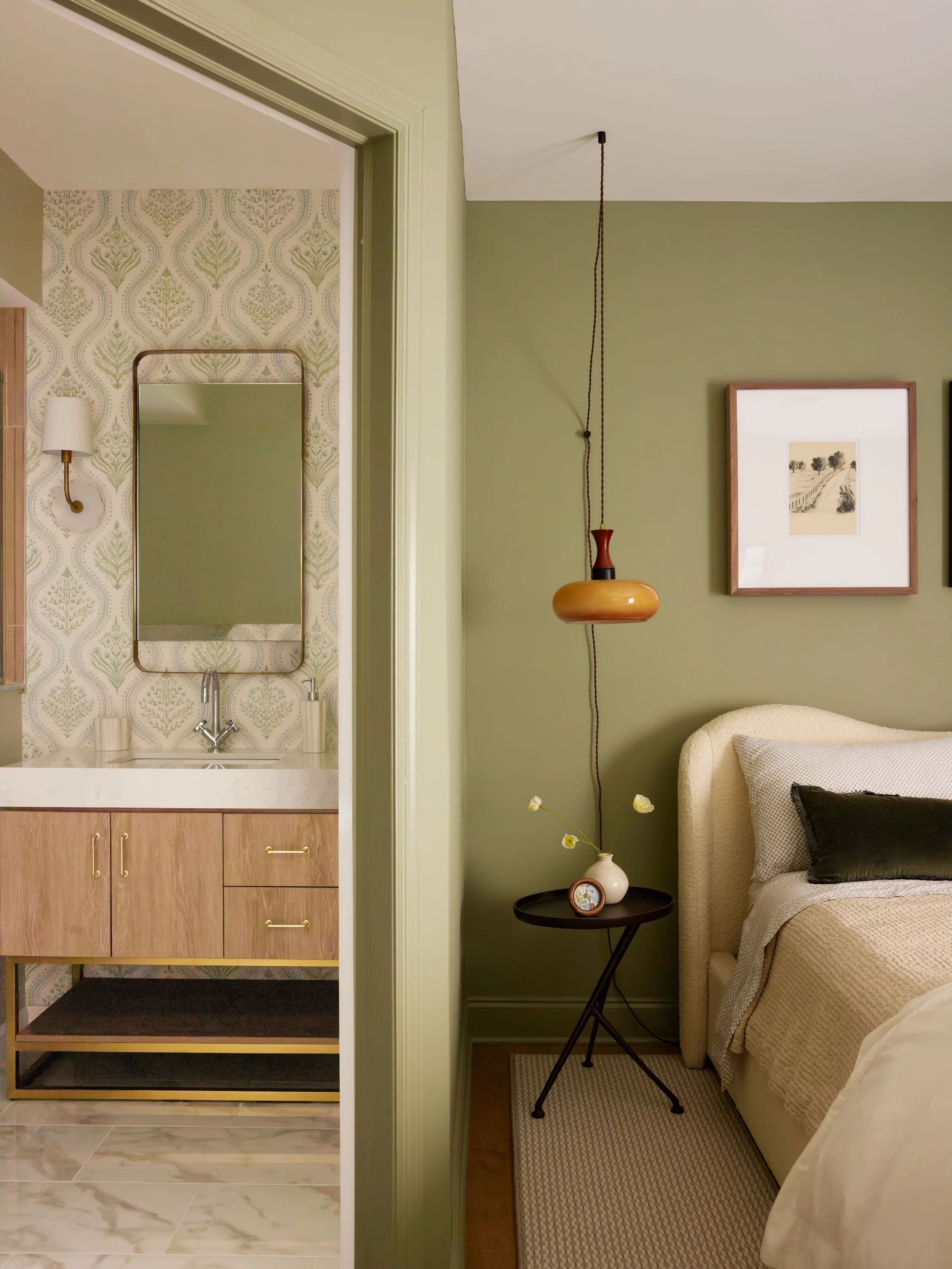 We renovated the guest bathroom first, so when it was time to redo the bedroom, we wanted the spaces to complement each other rather than match. Bc matching&hellip;no thanks. 
We used two distinct shades of green paint between the rooms, then incorpo