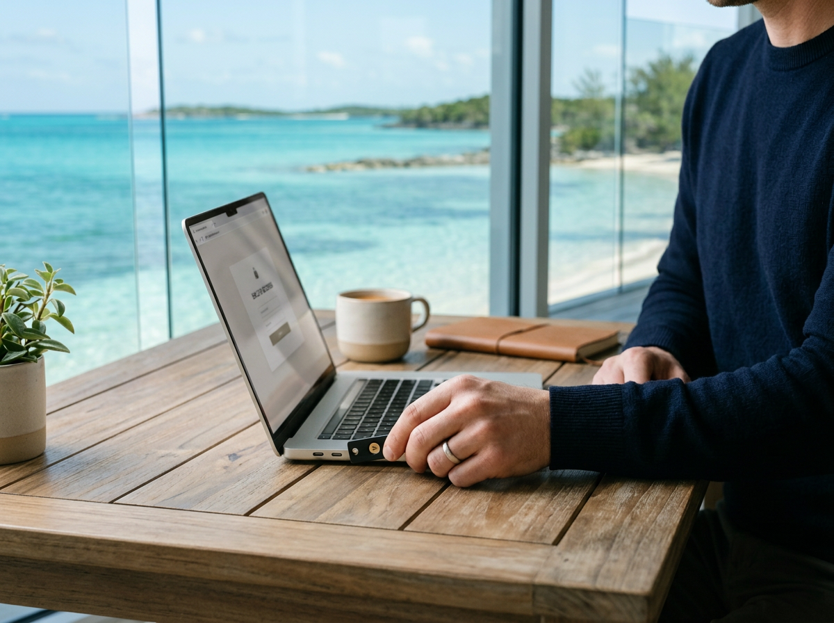 Person in a dark blue sweater working on a silver laptop at a wooden table with a plant, a notebook, and a mug, overlooking a beach and ocean through large glass windows.