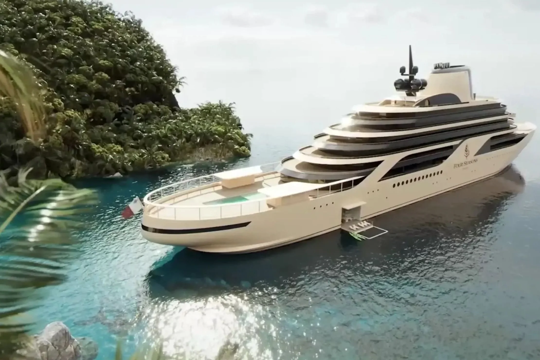 A large luxurious white four seasons yacht with multiple decks, docked near a lush green rocky shoreline, with calm water surrounding it under a cloudy sky.