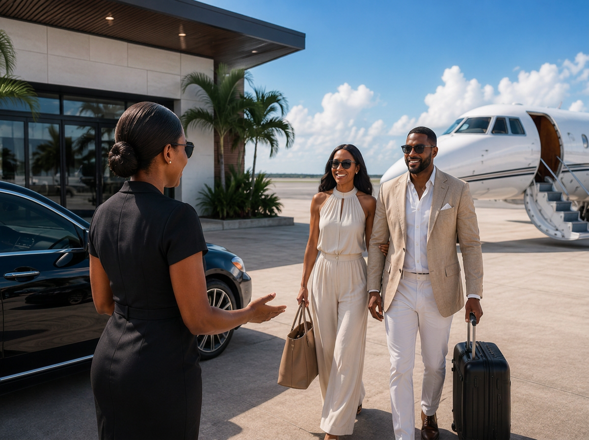 Three well-dressed passengers, a woman and a man, arrive at a private jet while a woman staff member greets them. The woman is wearing a beige jumpsuit and carrying a beige tote bag; the man is in a beige blazer and white pants, pulling a black carry-on suitcase. The staff member is in a black uniform. The background shows a modern building with large windows and palm trees, and a private jet is parked on the tarmac.