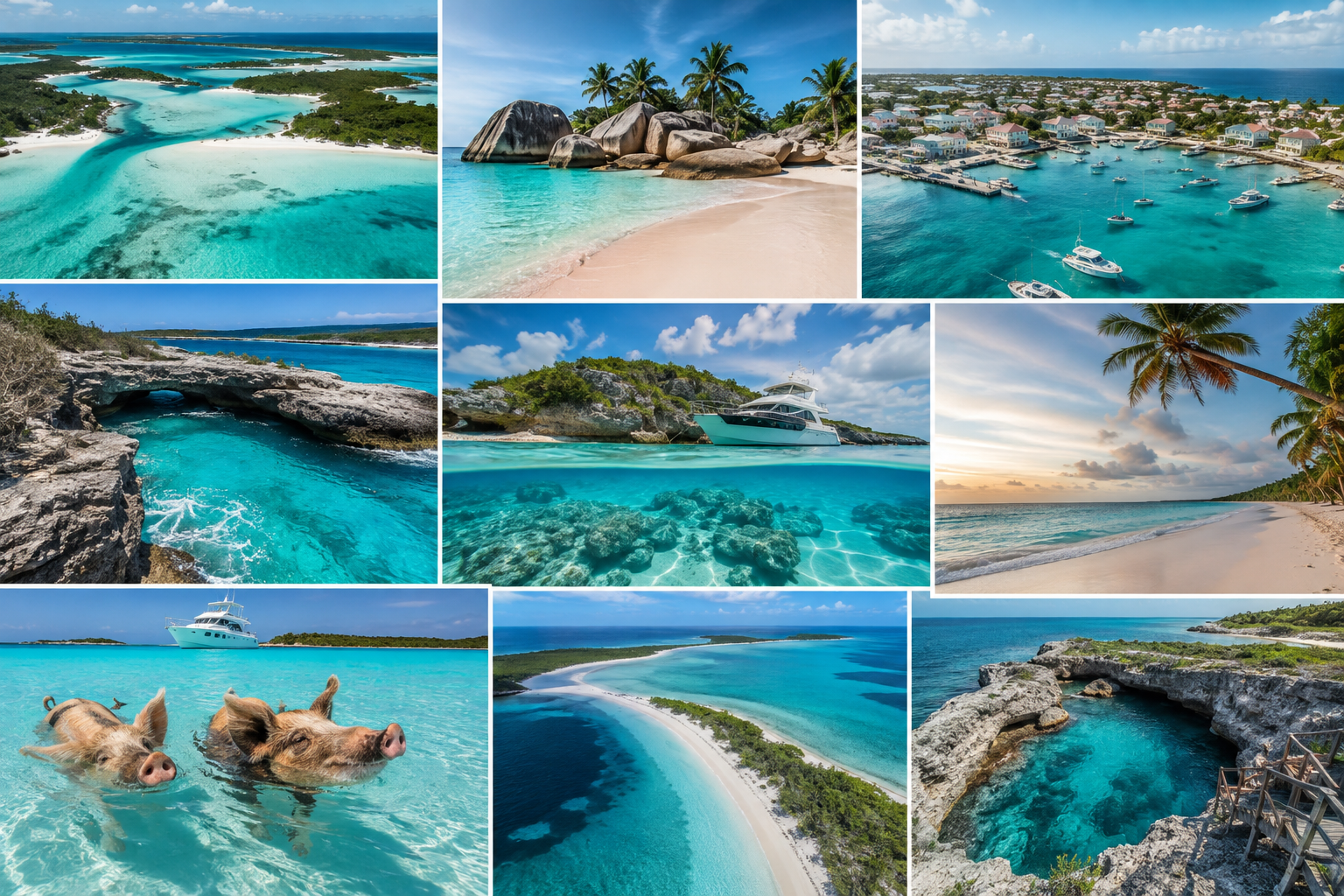 Collage of tropical beach images showing clear turquoise waters, sandy beaches, palm trees, a boat, a dog swimming, and coastal landscapes at sunset.