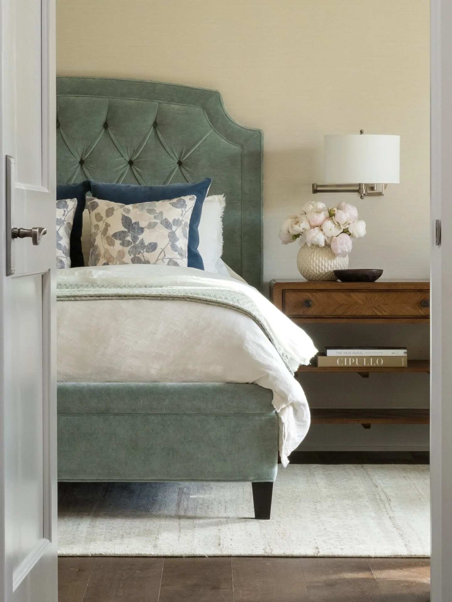 Isn&rsquo;t this the dreamiest bed? 

Framed from the doorway, it seems to be beckoning you in for rest, calm, respite; it&rsquo;s where the day begins, and where it winds down.

The bed was designed to feel this way at every layer: a tailored uphols