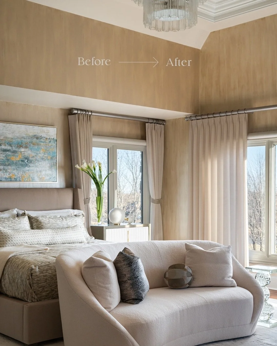 Before + After: swipe to see the transformation of this primary suite!

Layered in soft neutrals and tailored textures, the word that comes to mind is serenity, where every detail supports rest, comfort, and ease.  Elegant, but a place to begin and e