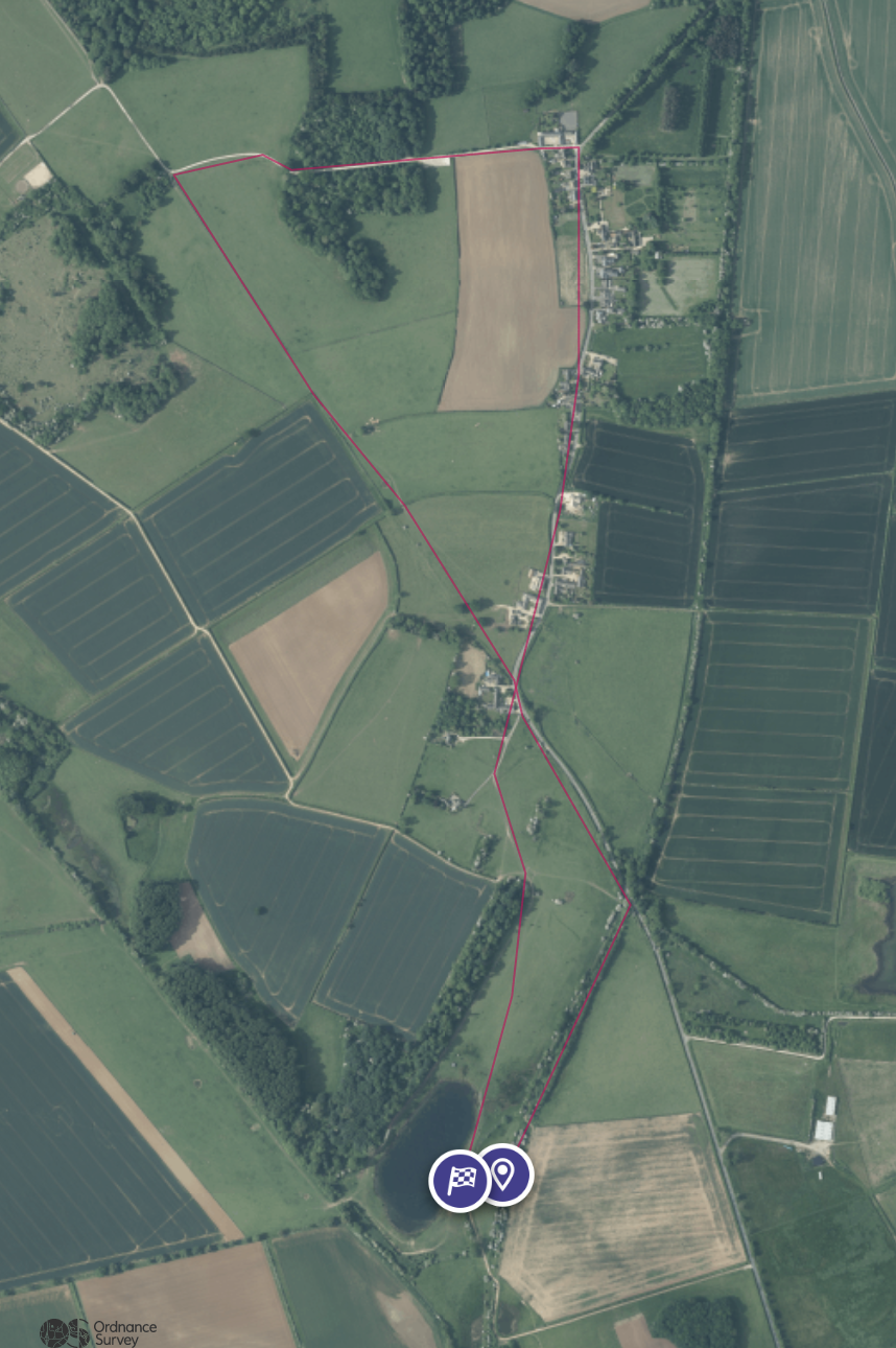 A satellite image of a walk to do around the Nest. The walks are denoted by red lines with start/end point icons