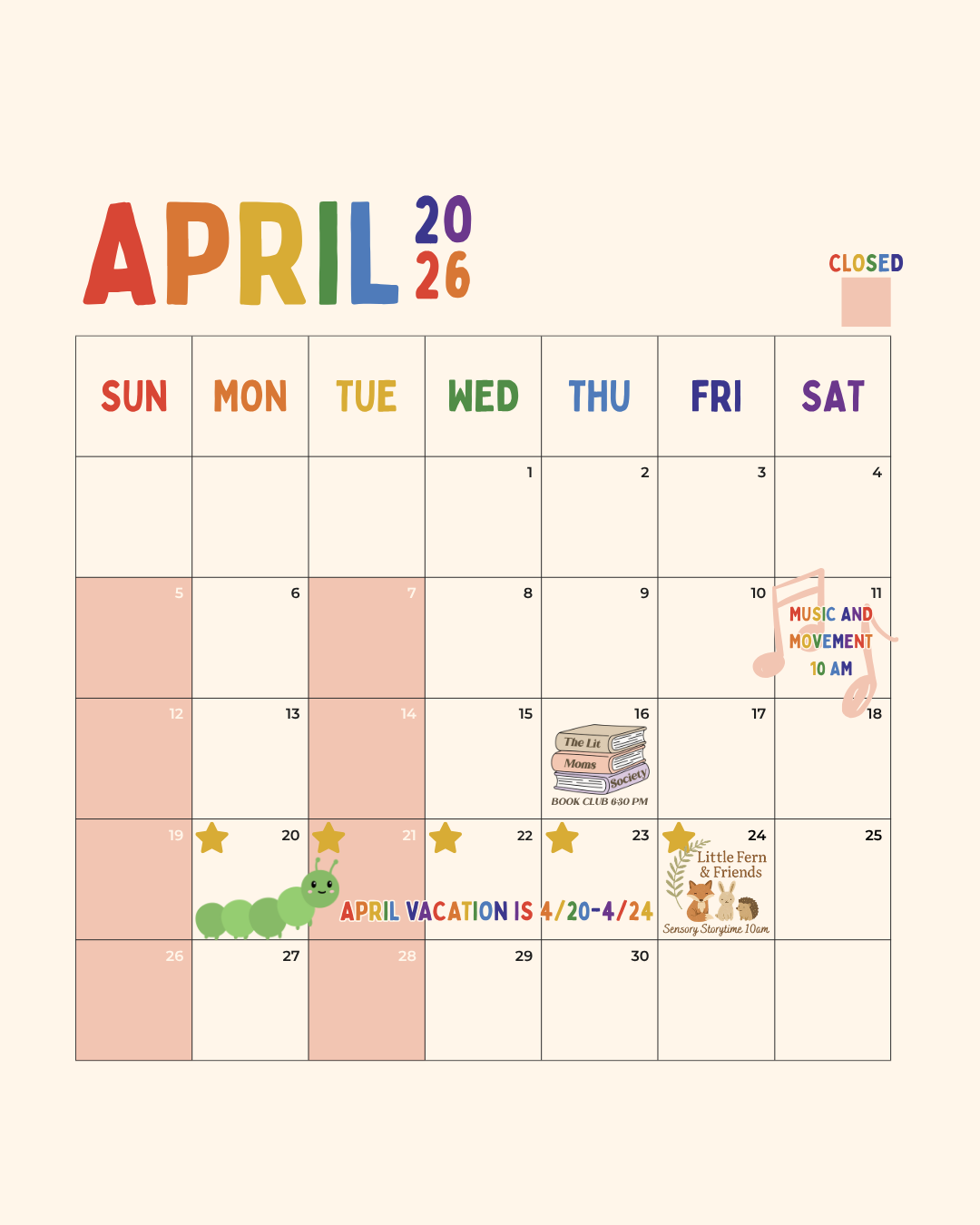 April 2026 calendar with colorful headings, along with illustrations of a caterpillar, books, musical notes, stars, and event reminders including a music and movement class, book club, and sensory stargazing.