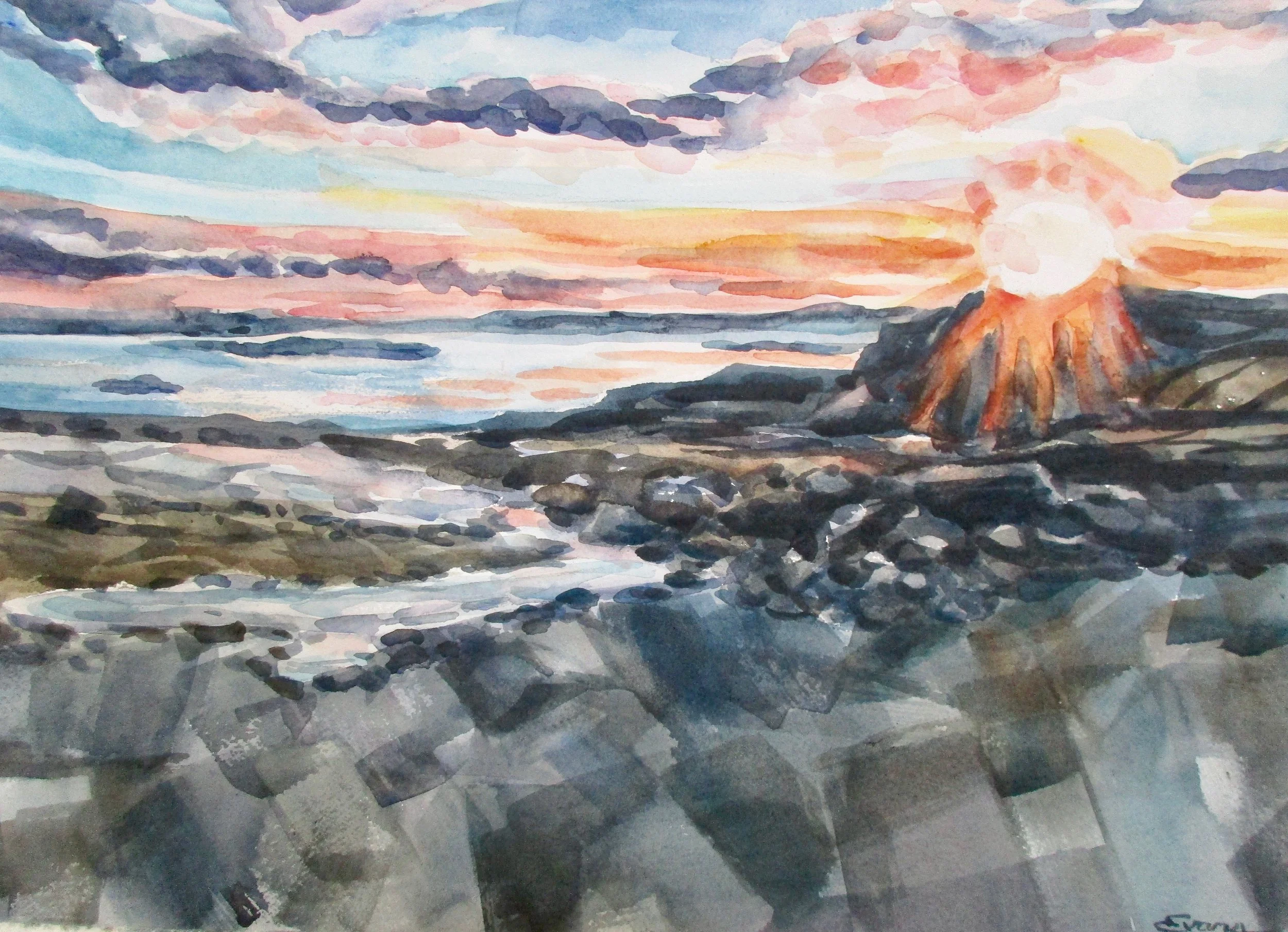 Sunset on the Rocks, custom framed watercolor, 26” x 20”, $875