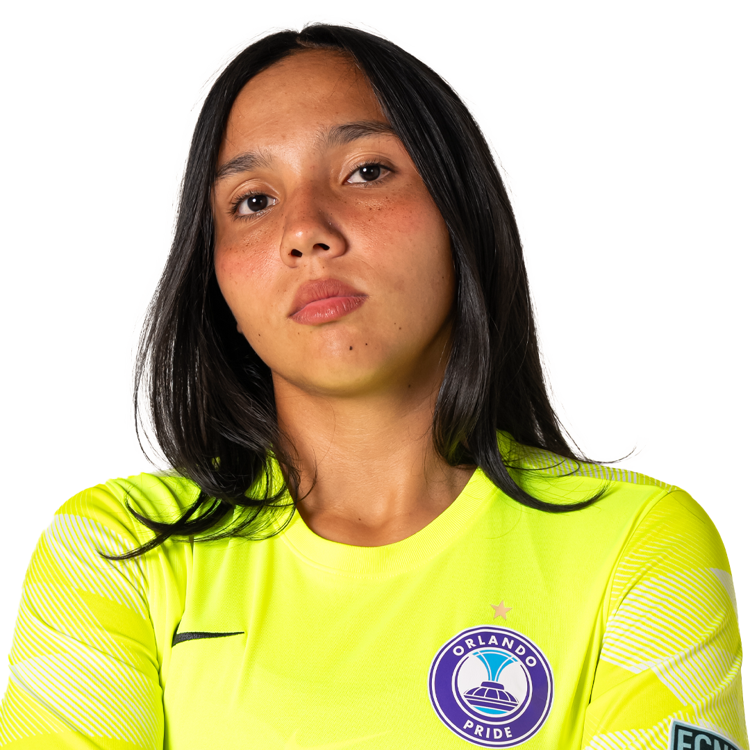 A young woman with dark hair and light brown skin wearing a bright yellow Orlando Pride soccer jersey.