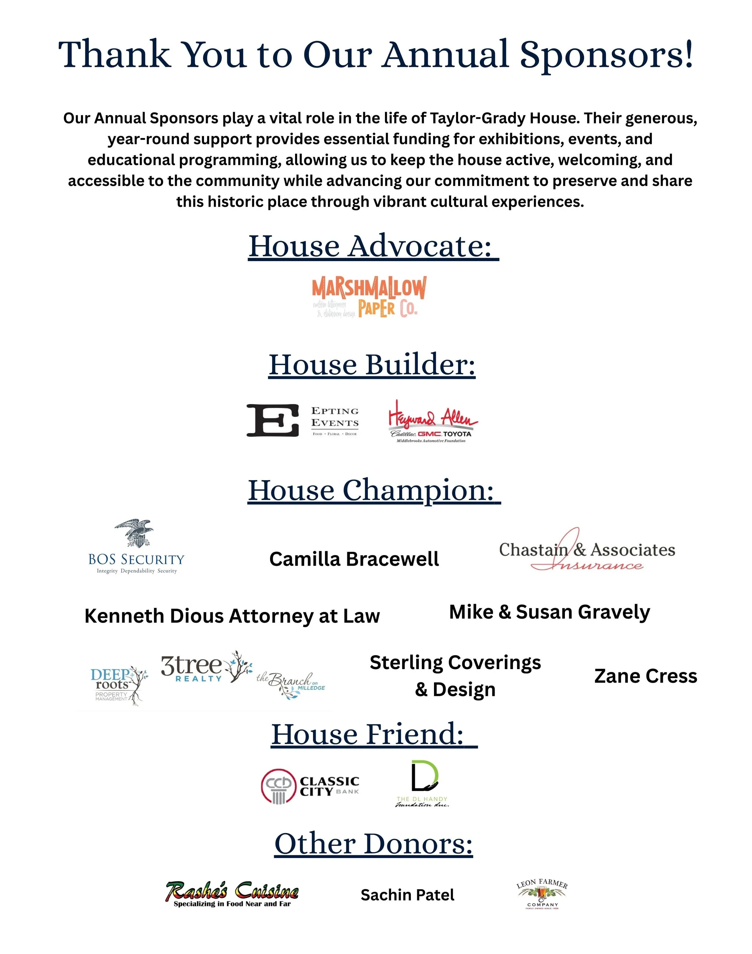 A poster showing appreciation for sponsors, builders, champions, friends, and donors of Taylor-Grady House, with sponsor logos and descriptions.