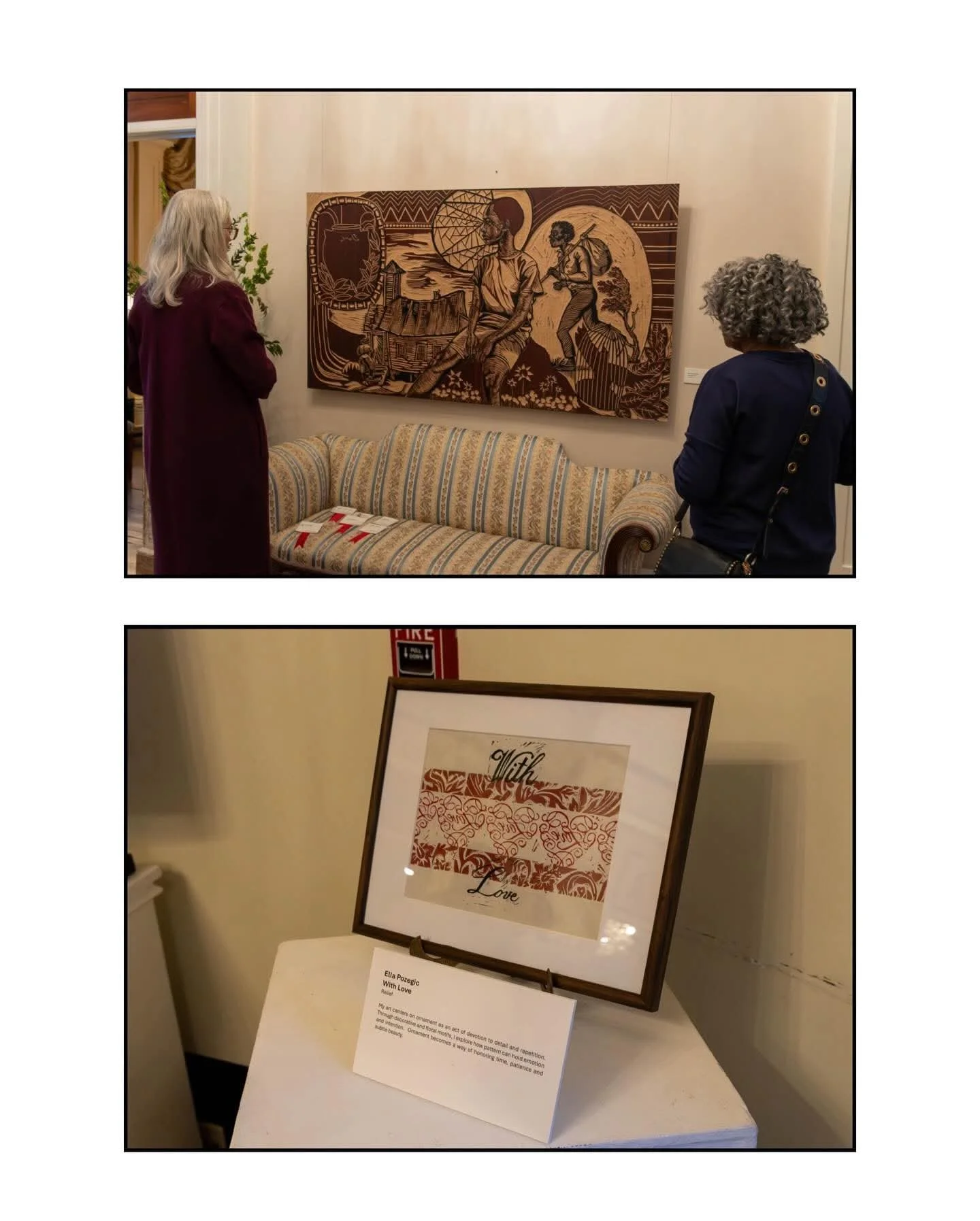 A room with vintage and quilted textile art on display. There are brightly colored quilts draped over chairs, hanging from racks, and spread across a sofa. The room is decorated with chandeliers, a patterned rug, and framed wall art.