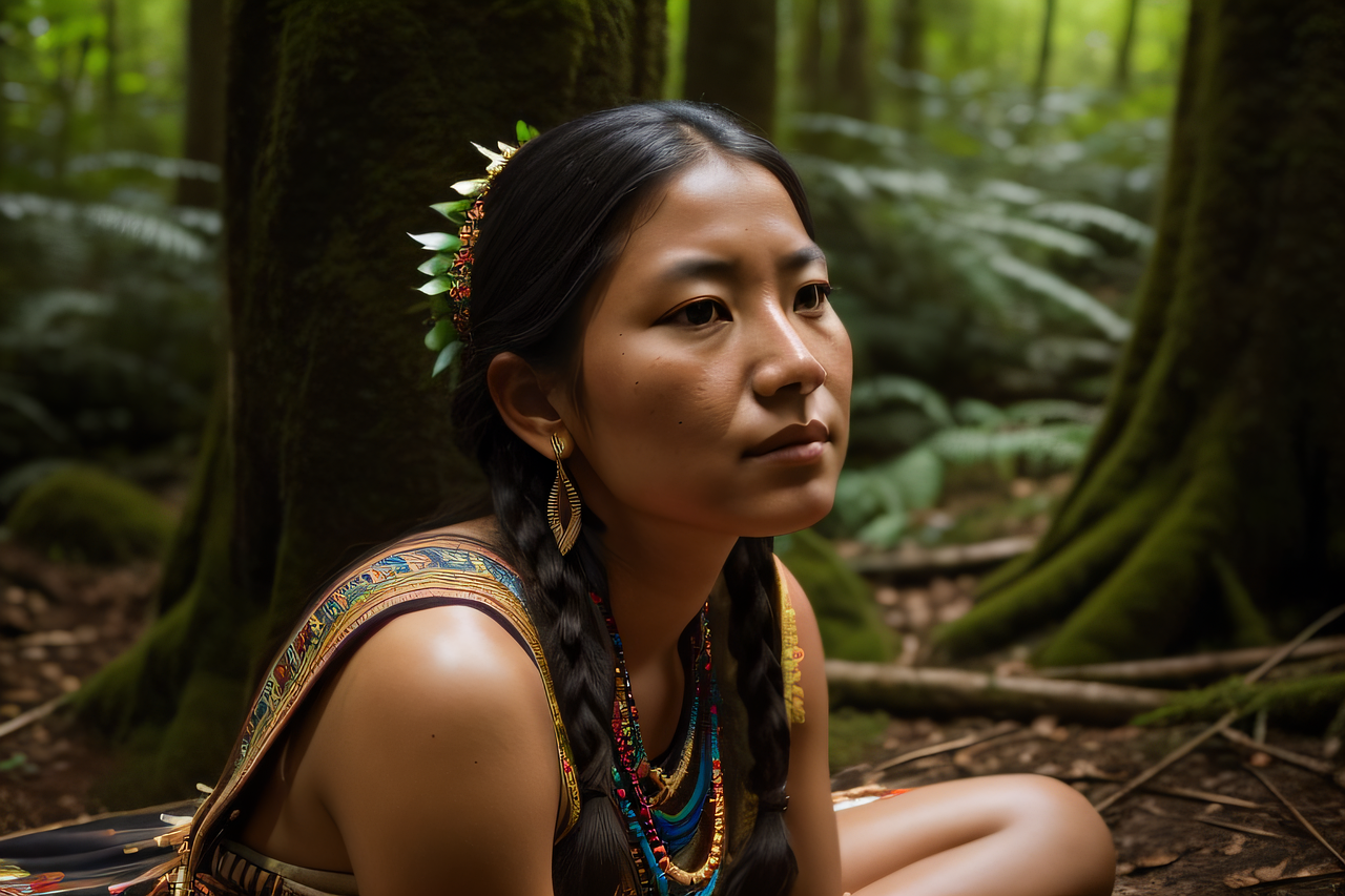 Indigenous girl relaxing at the base of a tree in the forest