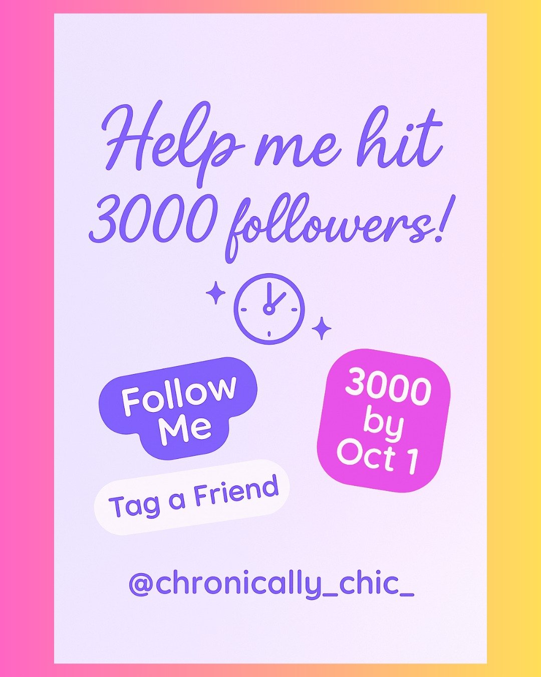 Hi friends! I&rsquo;ve got a major goal and I need YOU to help me crush it! 🎯

I&rsquo;m going for 3000 followers by October 1st, and I know we can totally make it happen!

Here&rsquo;s how YOU can help:
1️⃣ Tag a BFF who hasn&rsquo;t followed me ye