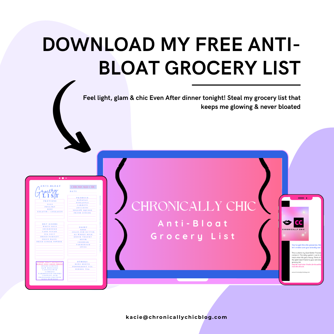 Promotional graphic for a free anti-bloat grocery list download, featuring a tablet, a smartphone, and a printed list, with a pink and purple color scheme.