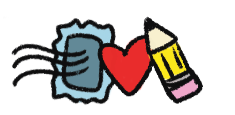 A drawing of a hand sanitizer bottle, a red heart, and a yellow crayon.