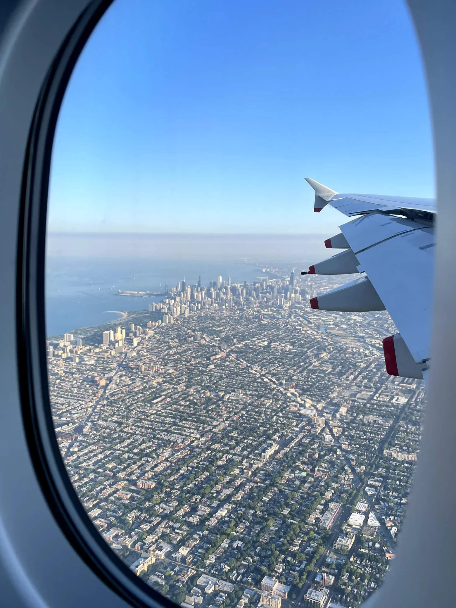 City skyline from an airplane window
