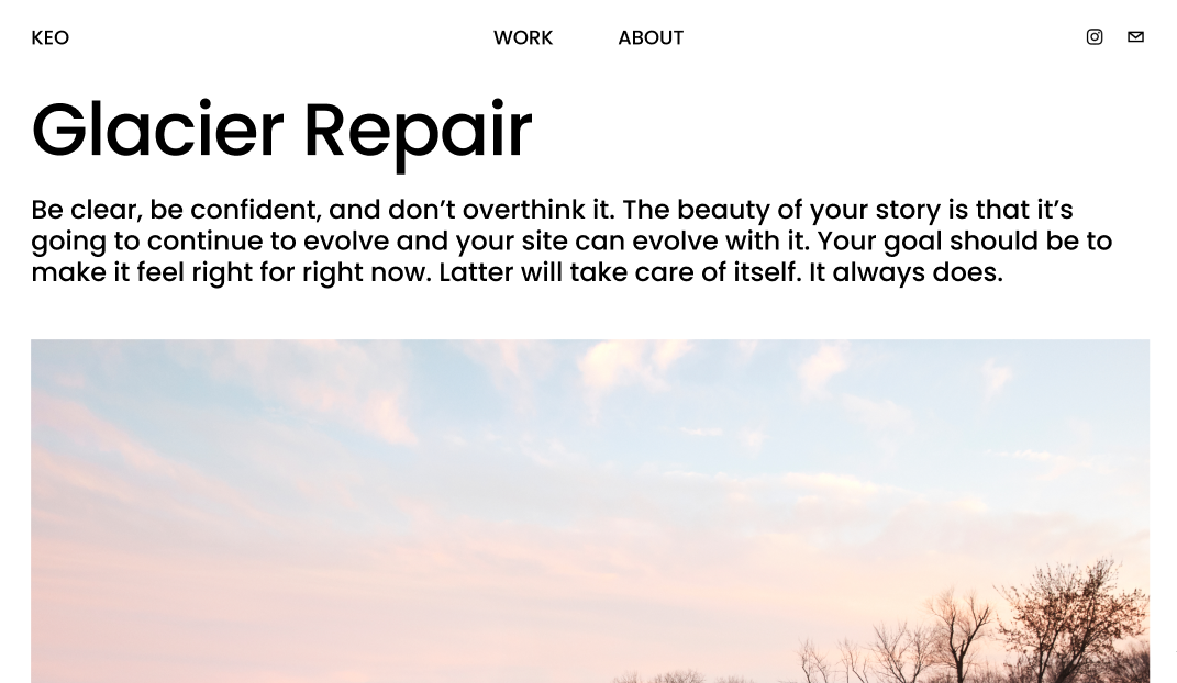 A basic website page with a white background and black text above a landscape photograph of a pale sky.