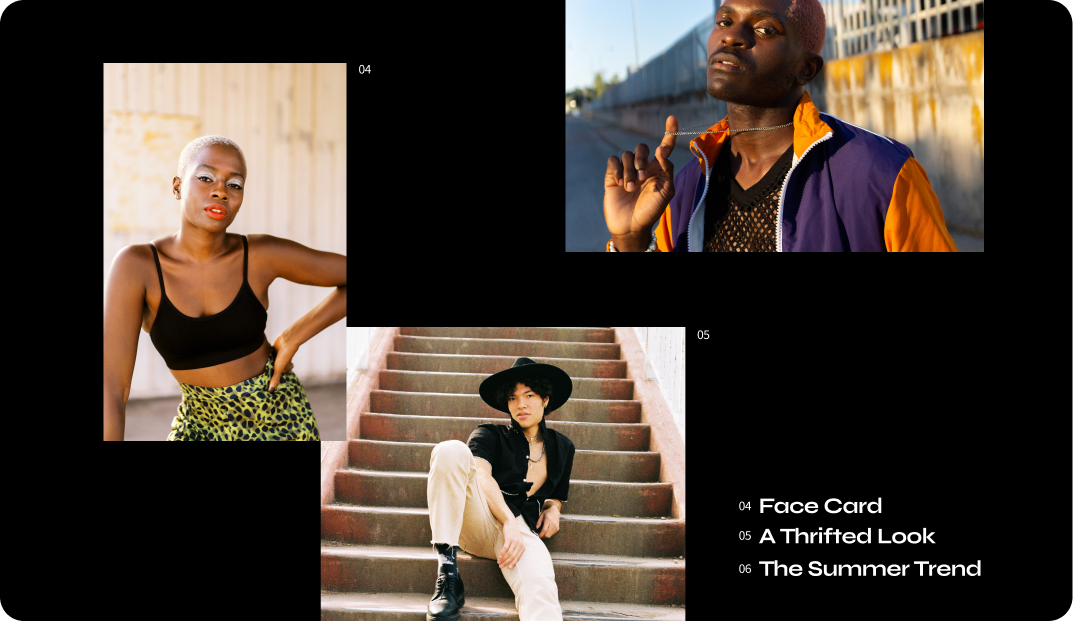 A modern website page with a black background and three photographs in a freeform arrangement.