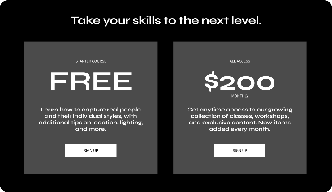 A modern website page with a black background and two offers for photography courses next to each other.