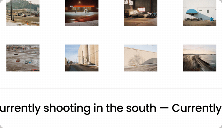 A basic website page with a white background and eight photographs in a grid above a scrolling line of black text.