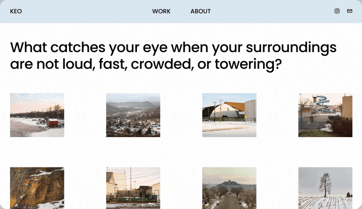 A basic website page with a white background and eight photographs in a grid below a white navigation bar.