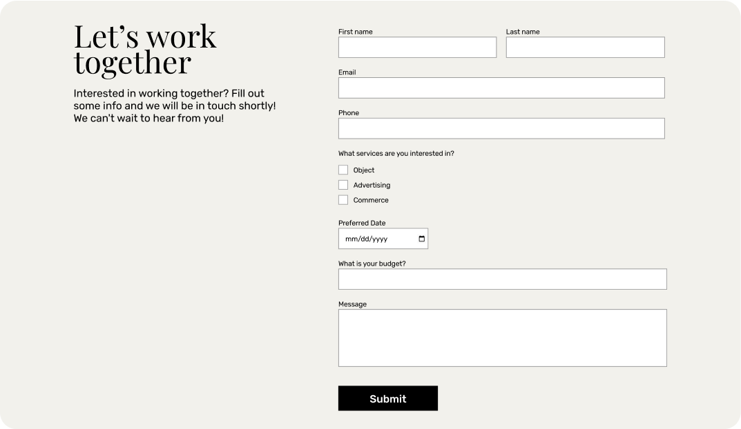 A client submission form on a website page with a neutral background.