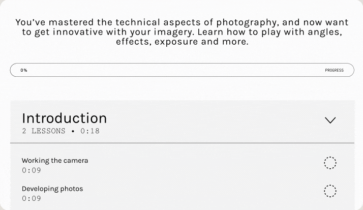 A progress bar and lesson preview for a photography course.