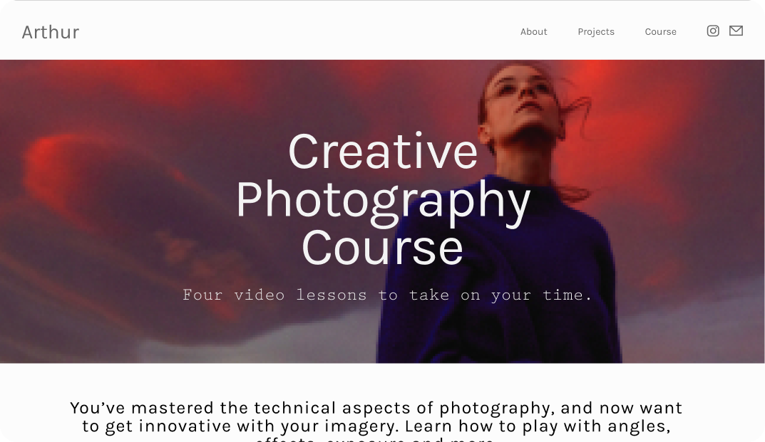 A basic website page layout with one full-bleed photograph of a woman in front of a cloudy, red sky.