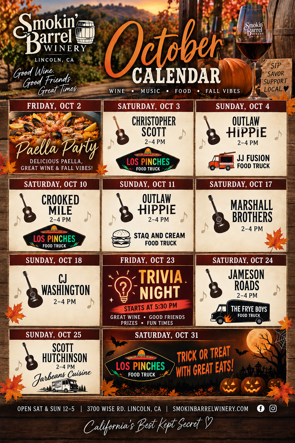 October Calendar for Music and Food