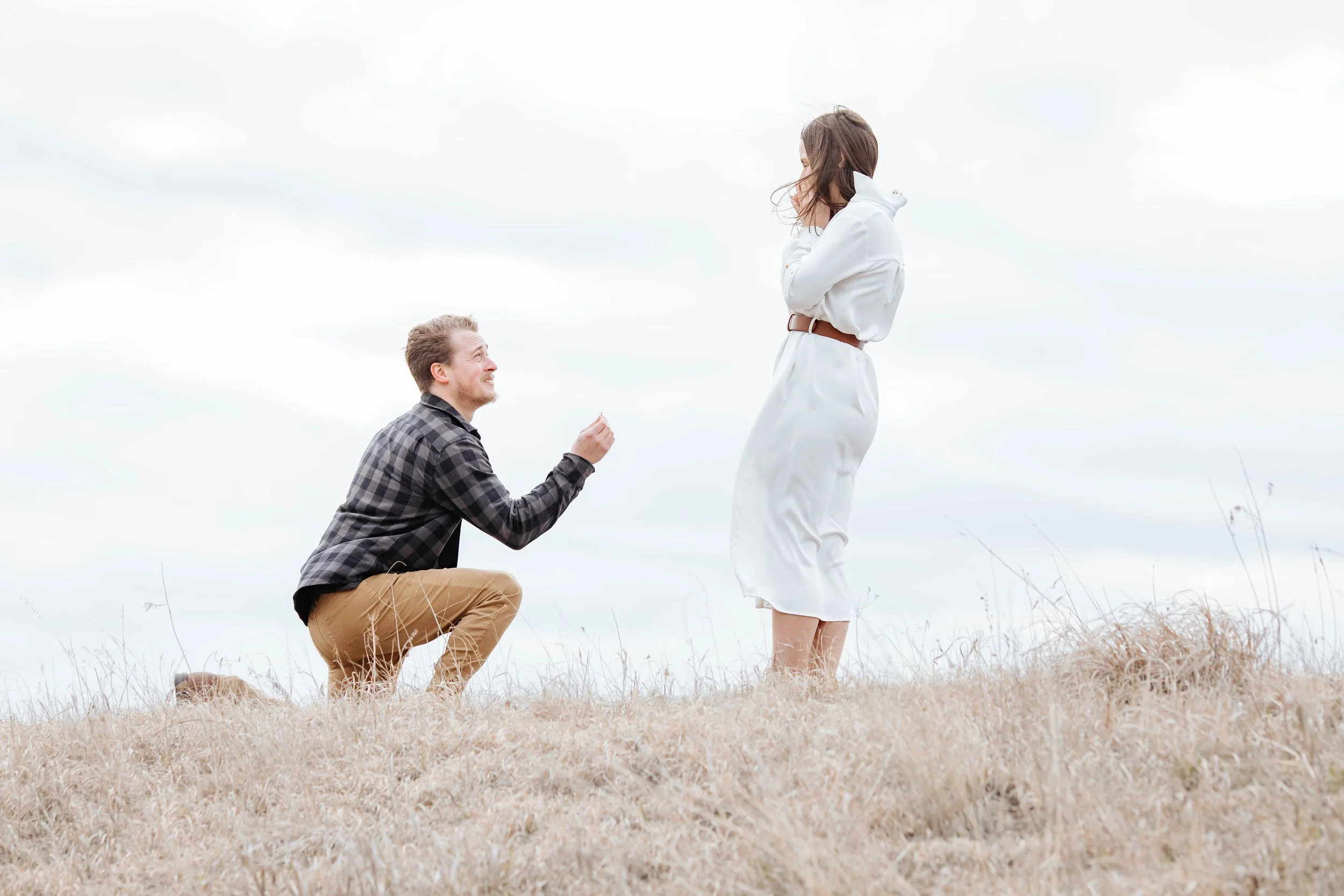 A man is proposing marriage to a woman on a grassy hill, with the man kneeling and holding a ring, while the woman looks surprised.