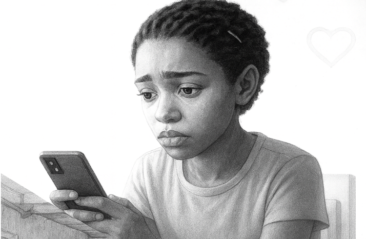 a black and white image of a young african girl who is concerned while looking at her smartphone