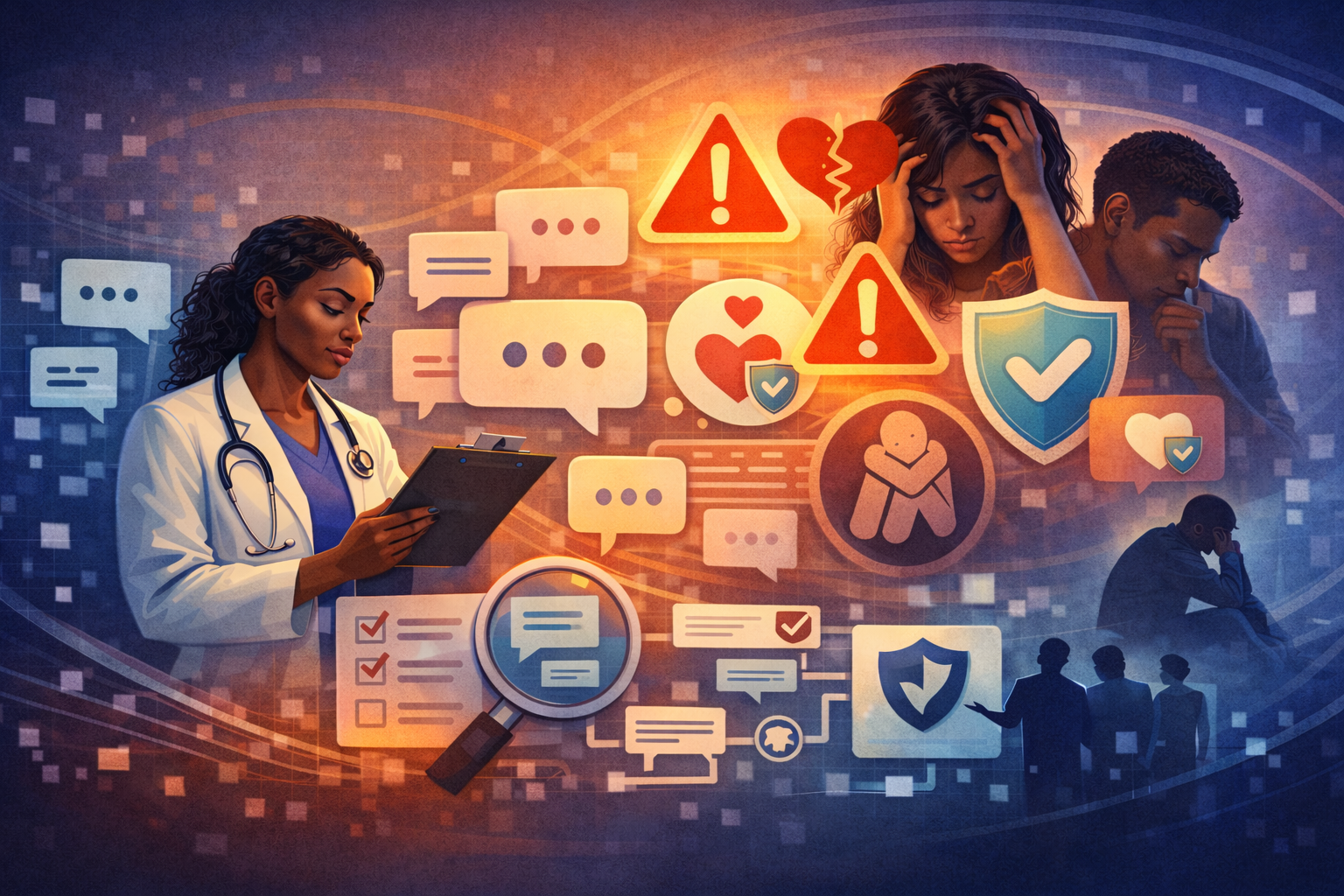 A wide, banner-style illustration of a clinician reviewing a clipboard beside distressed people, overlaid with chat bubbles, warning triangles, shield-and-check safety icons, and heart symbols against a blue-to-orange digital backdrop