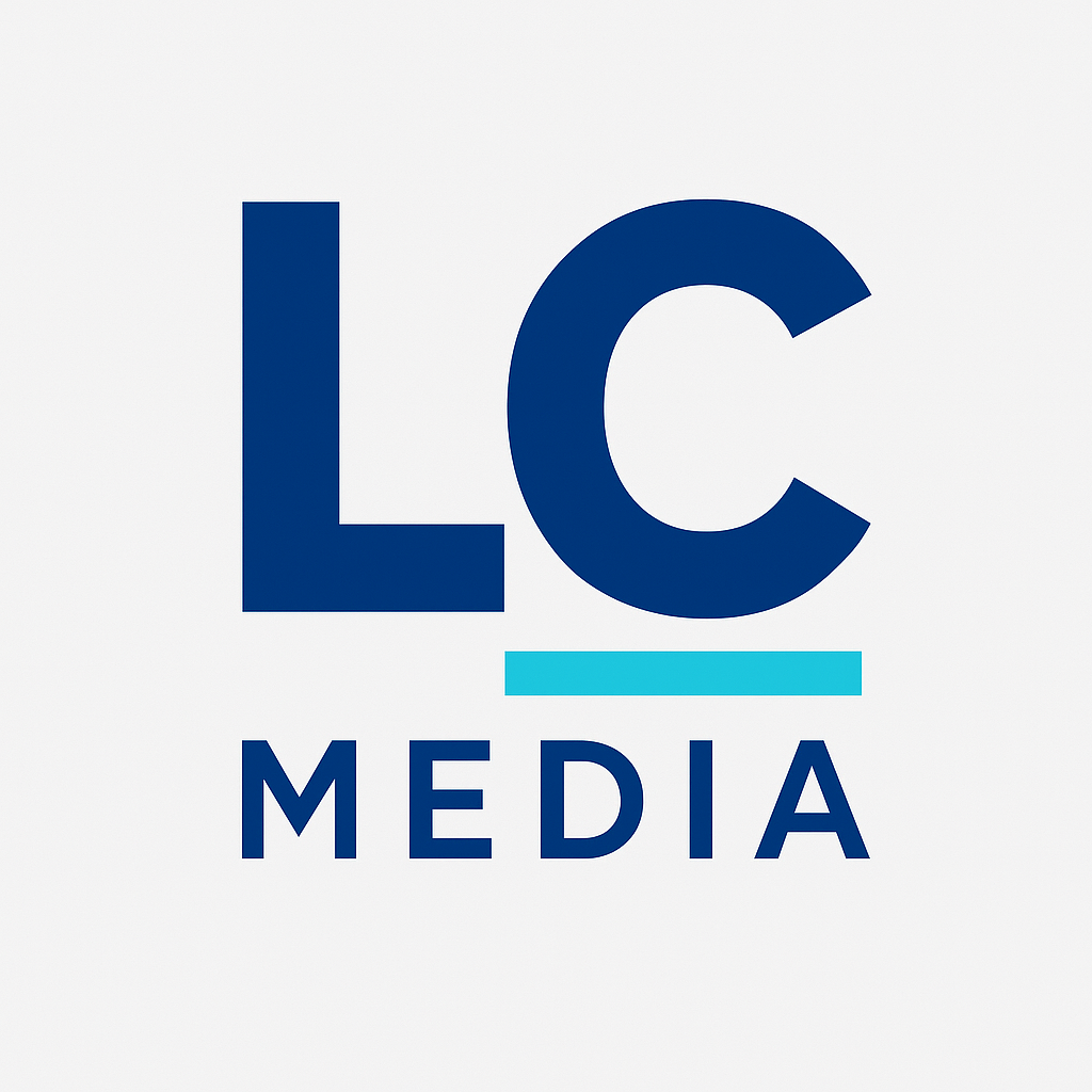 Logo for LC Media with large blue 'L' and 'C', a blue underline, and the word 'MEDIA' in blue, on a white background.