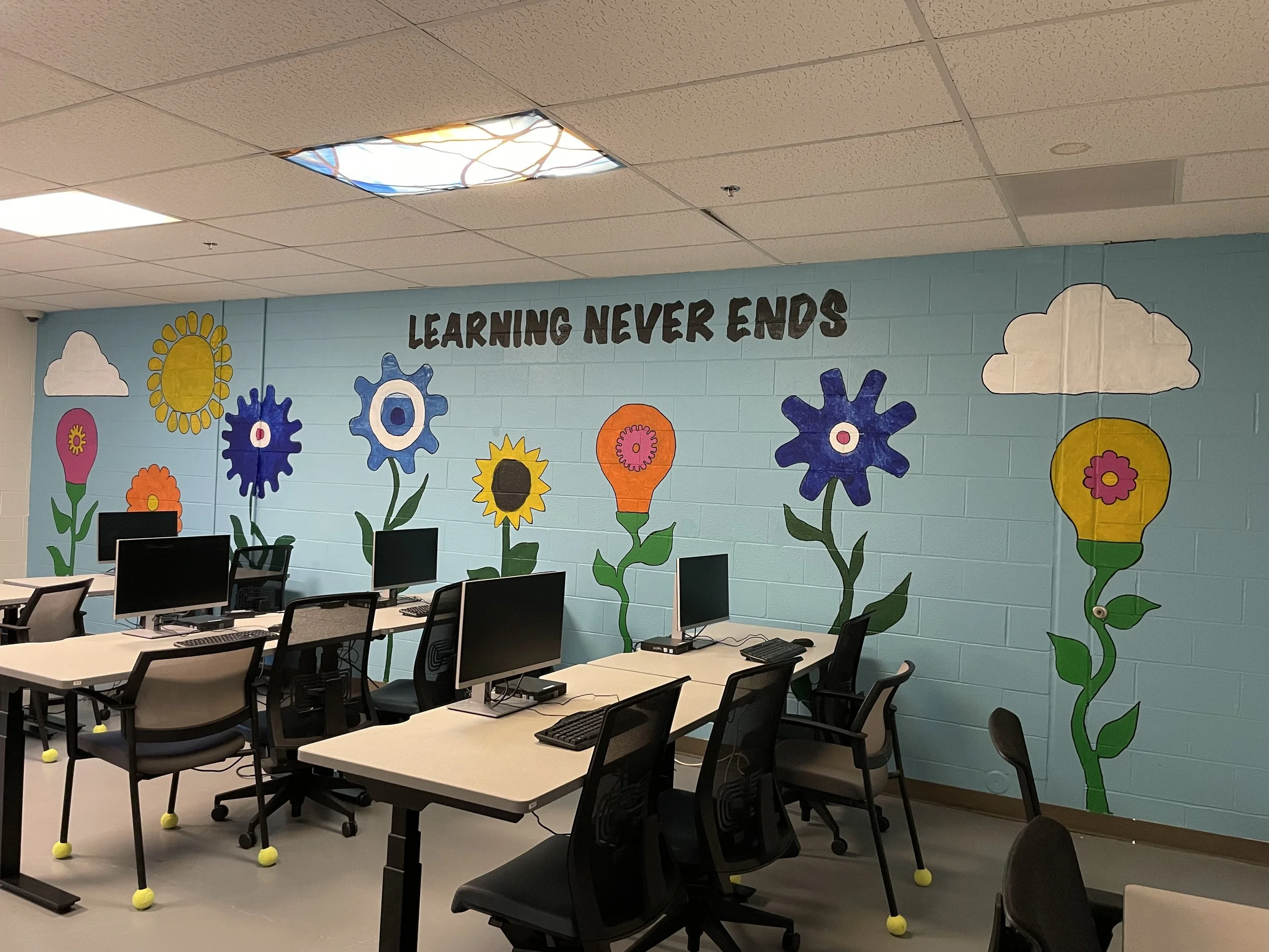  A painted and complete Digital Literacy lab is shown. The mural is complete with flowers that have gears and lightbulbs for blooms, and a message above the scene that says, “Learning never ends”. The computers in the room are shown set up at desks. 